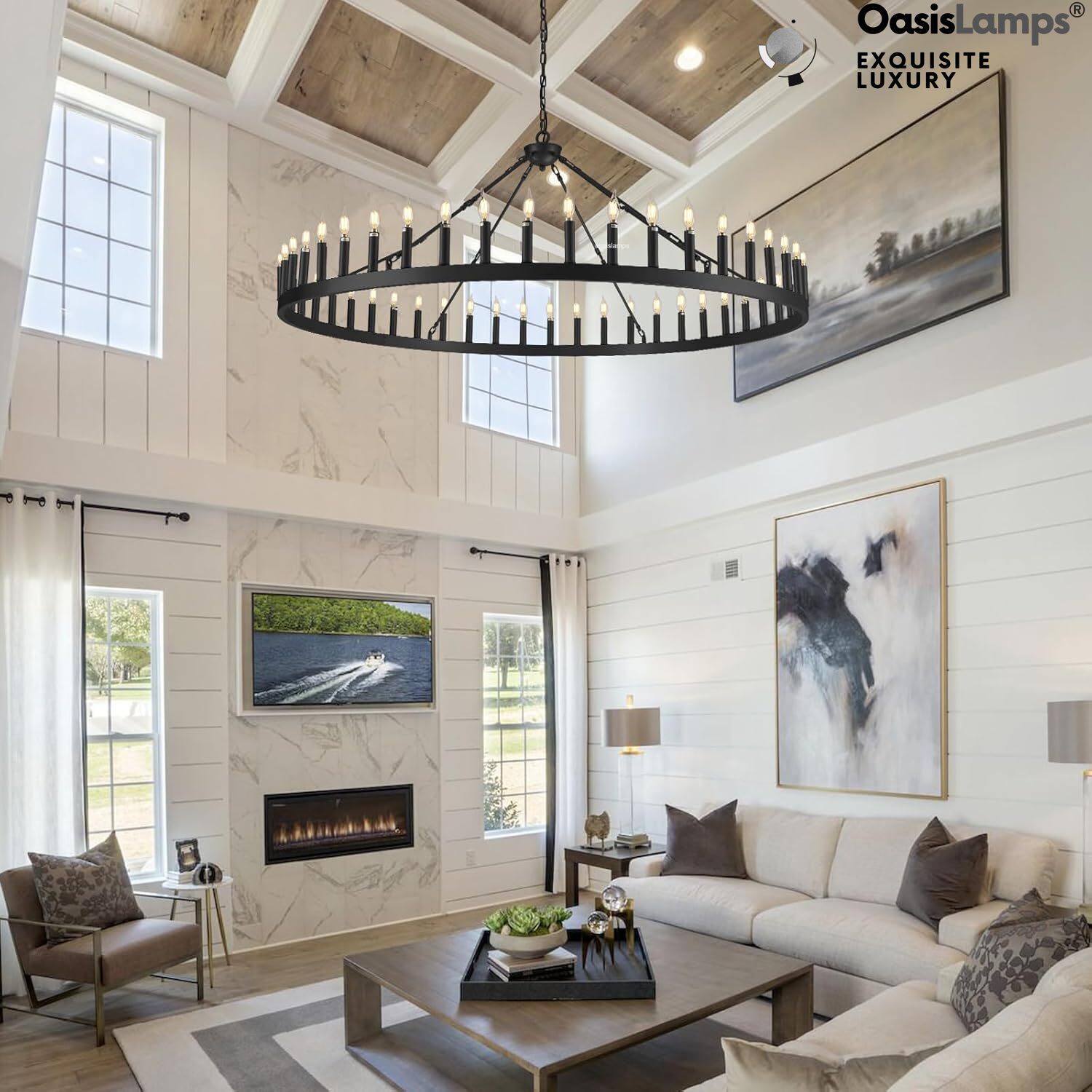 Wagon Wheel Candle Round Chandelier 64"#Color_Black