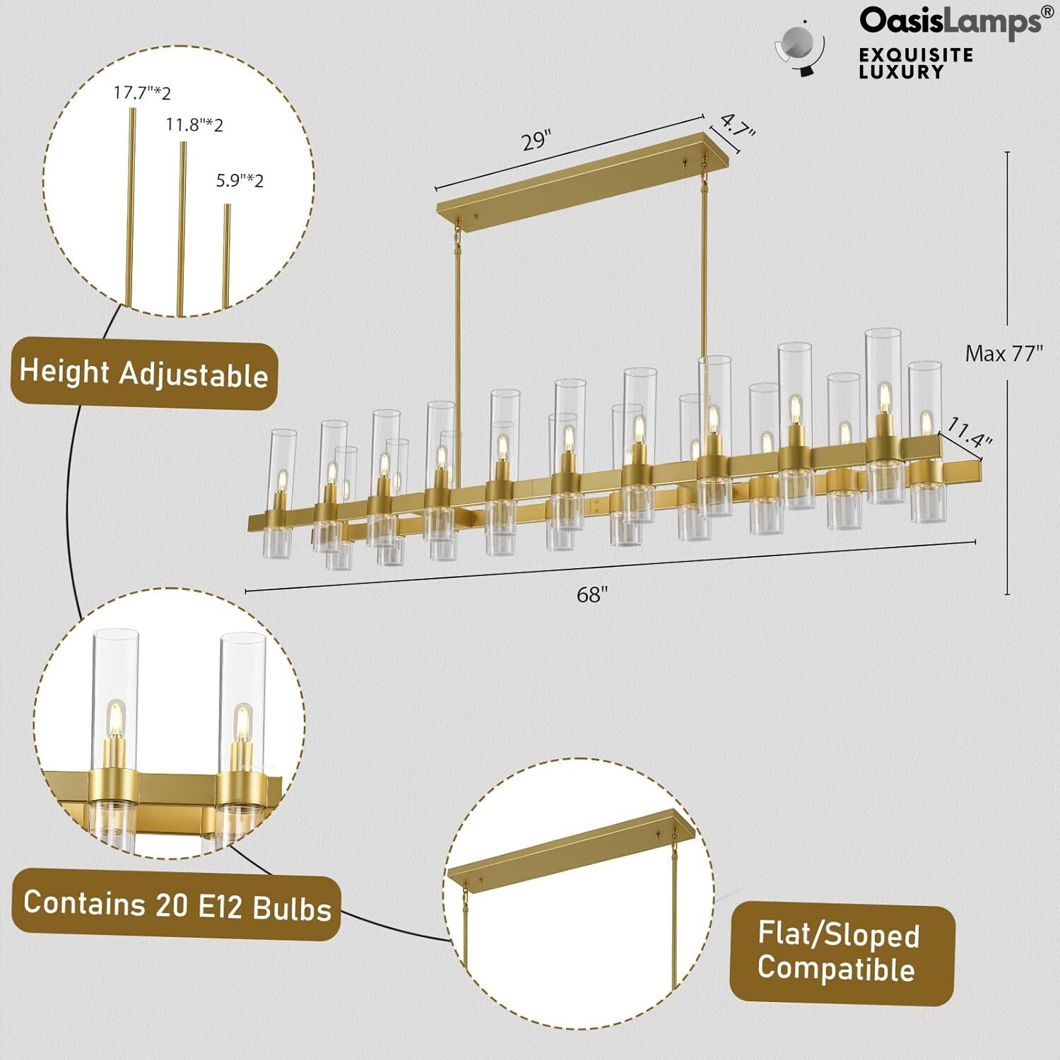 Cylora Glass Tube Rectangular Chandelier 54" 68"L#finish_brass,size_68"
