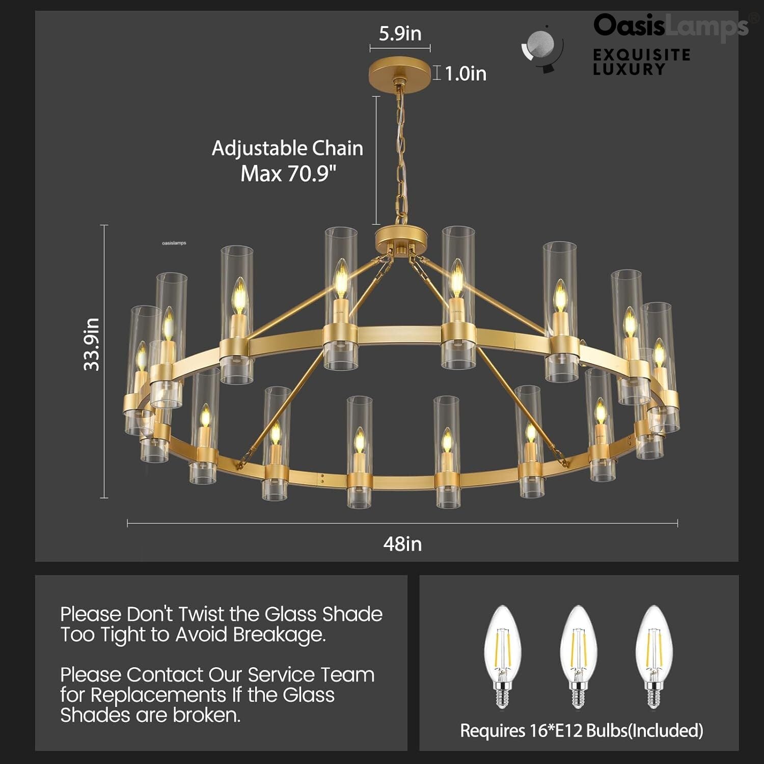 Cylora Glass Tube Round Chain Chandelier 48" 60" 70"D#Color_Brass,Size_48"
