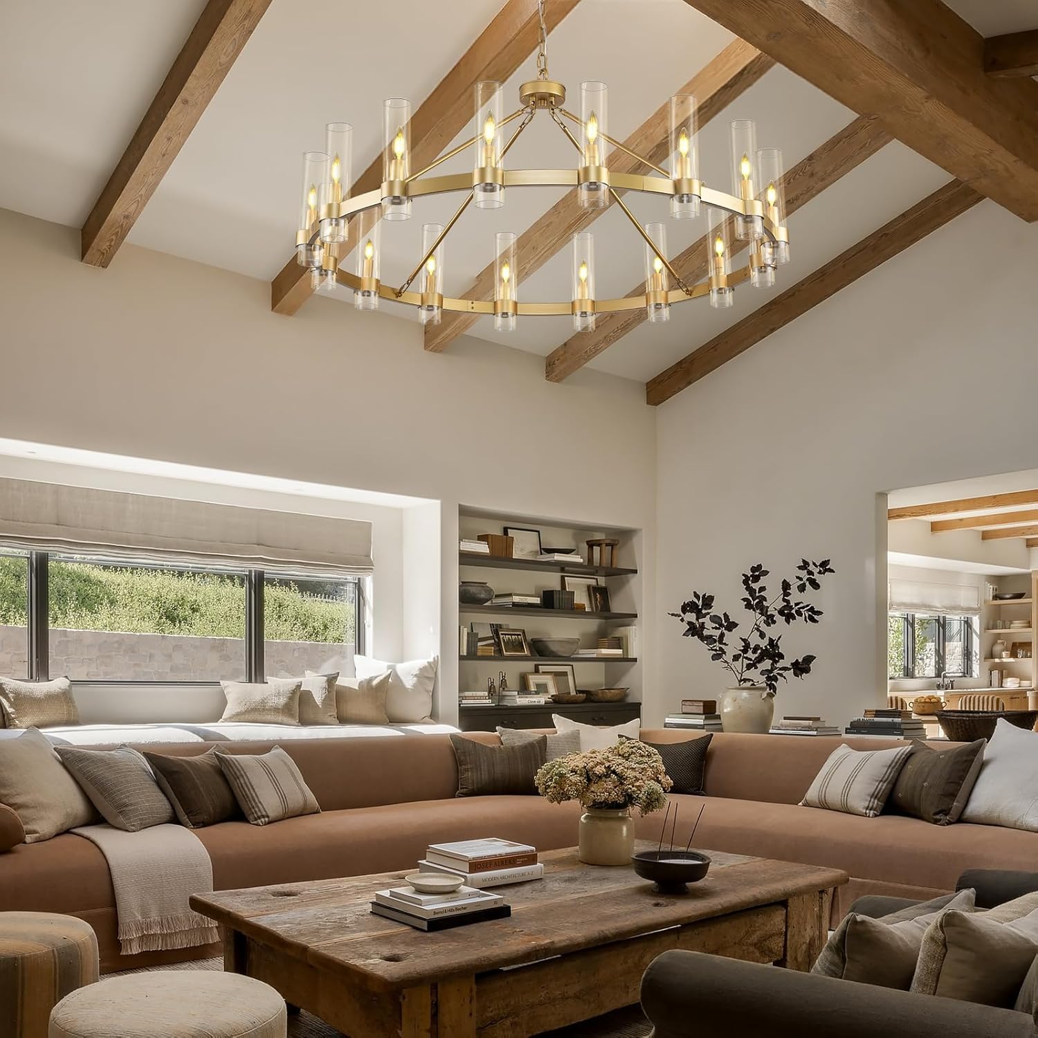 Cylora Glass Tube Round Chain Chandelier 48" 60" 70"D#Color_Brass,Size_48"