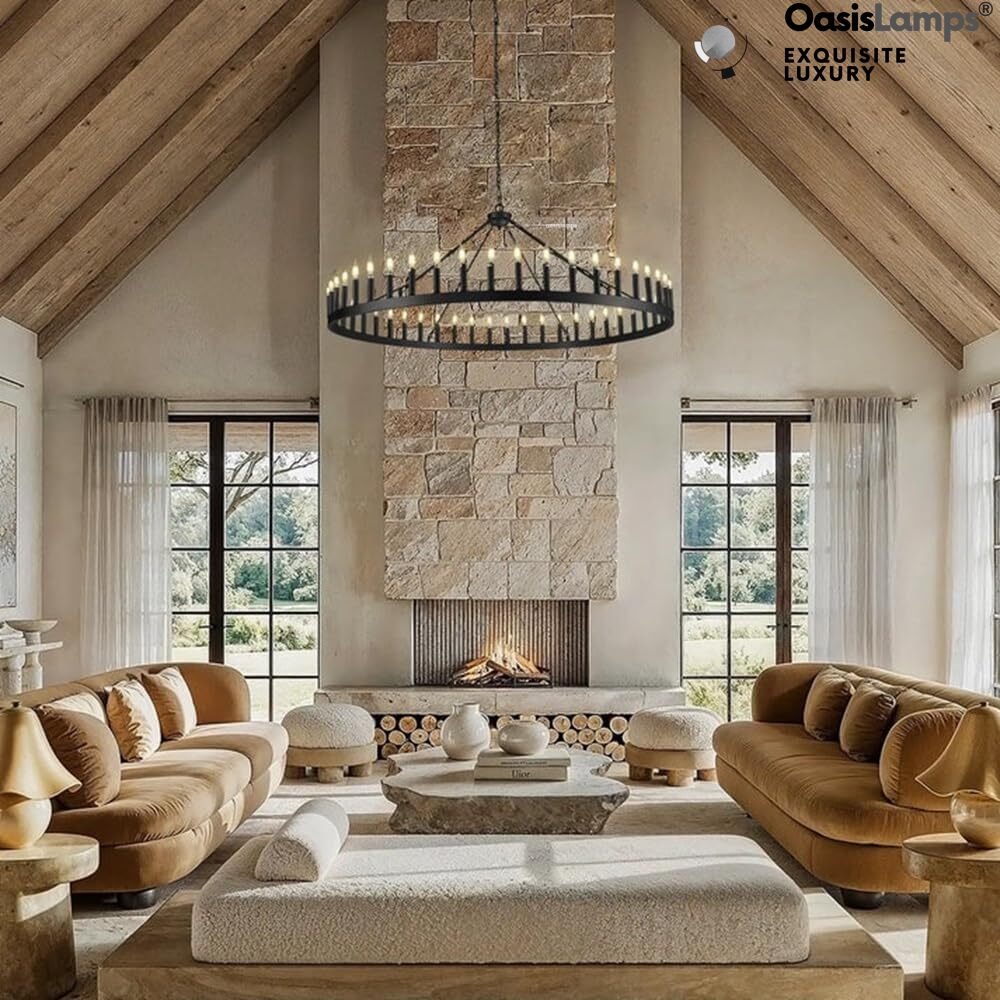 Wagon Wheel Candle Round Chandelier 64"#Color_Black