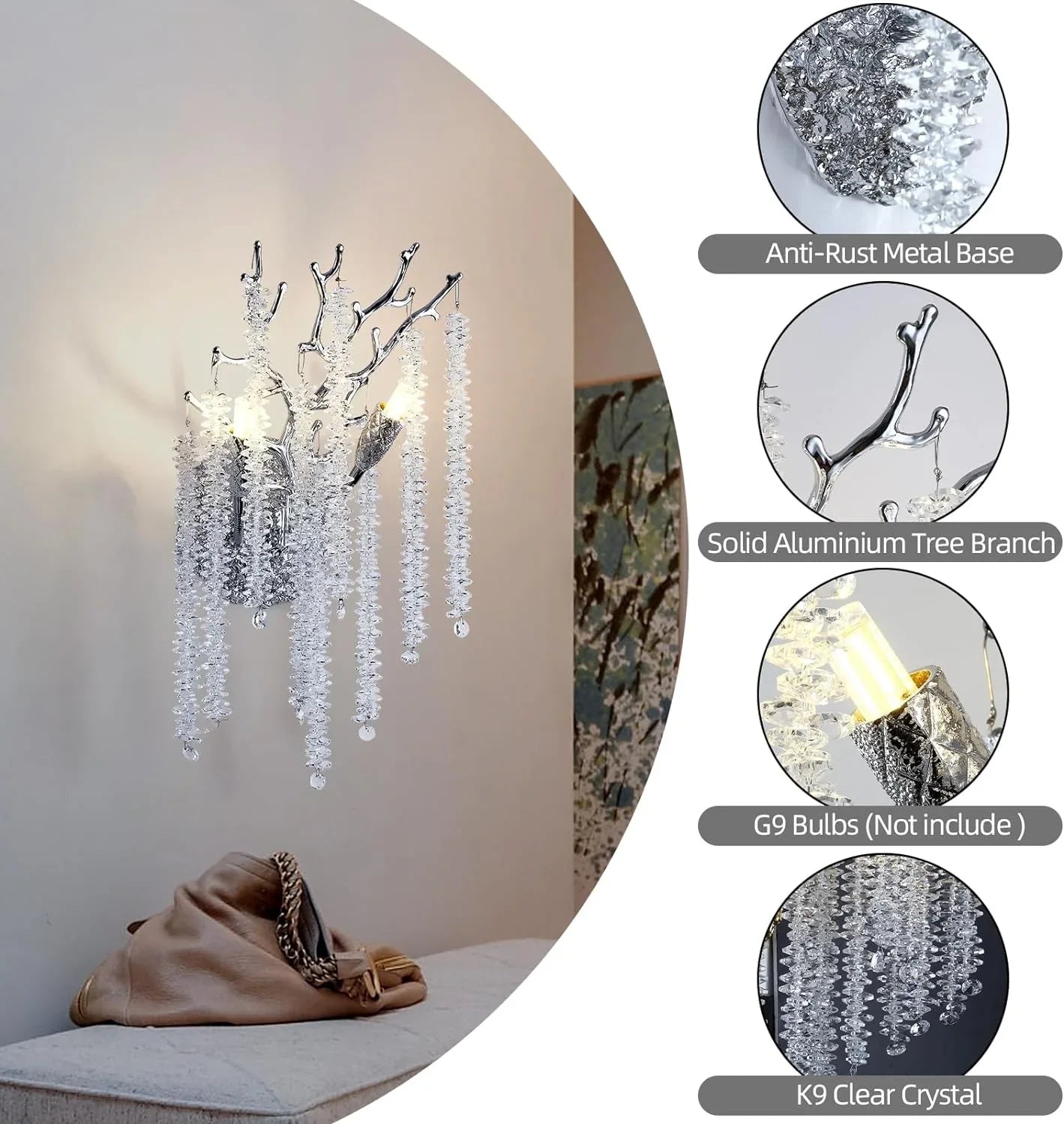 Snow Tree Branch Crystal Gold/Silver Wall Sconce 10"H