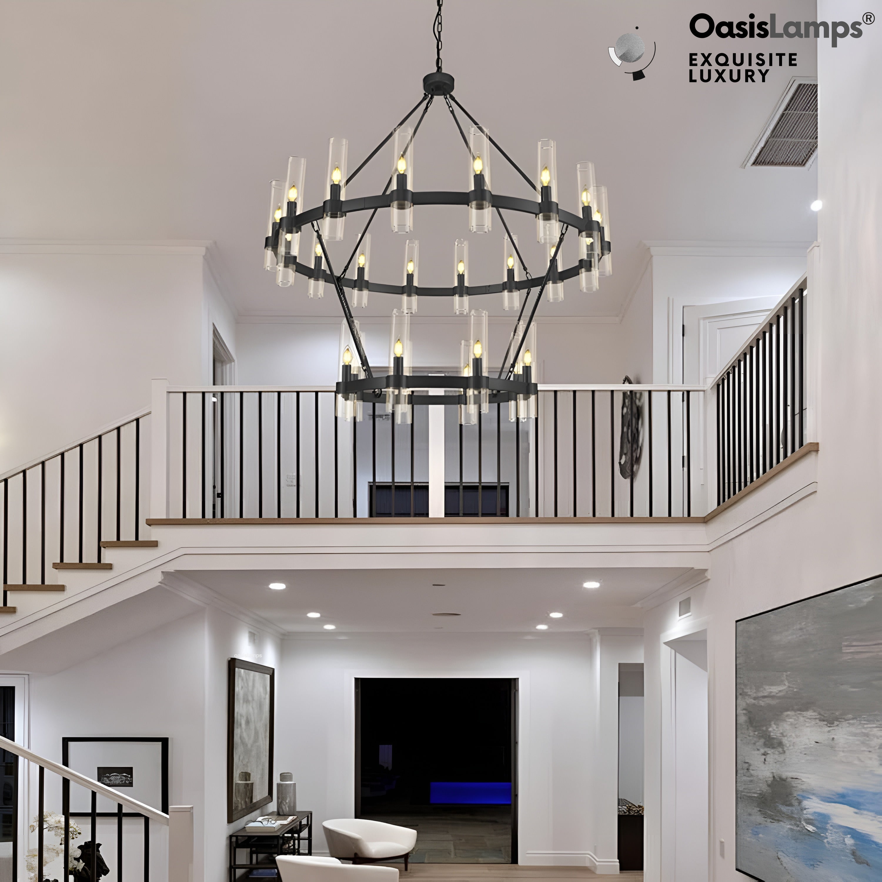 Cylora 2-Tier Glass Tube Round Chandelier 48" 60"D#finish_black,size_60"