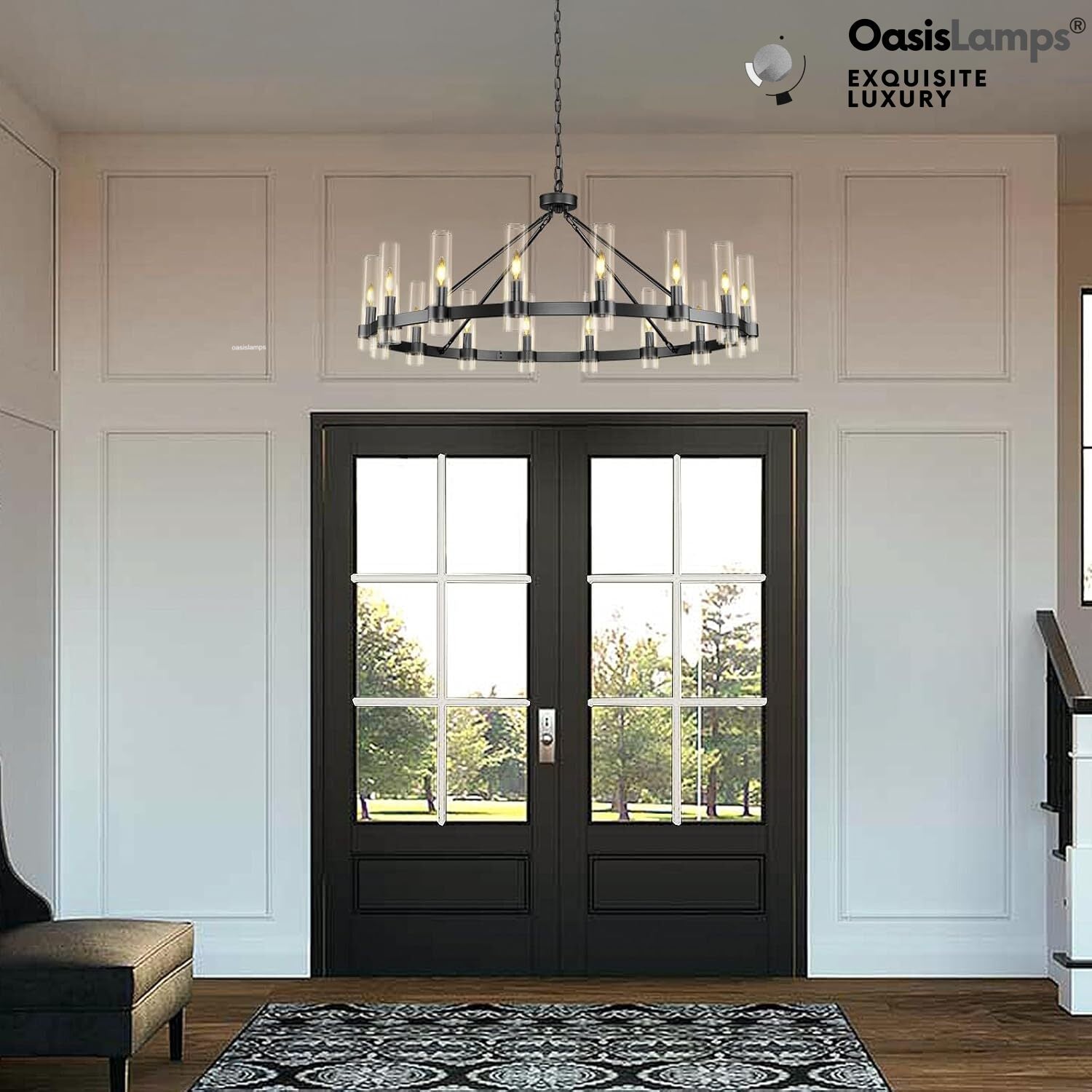 Cylora Glass Tube Round Chain Chandelier 48" 60" 70"D#Color_Black,Size_48"