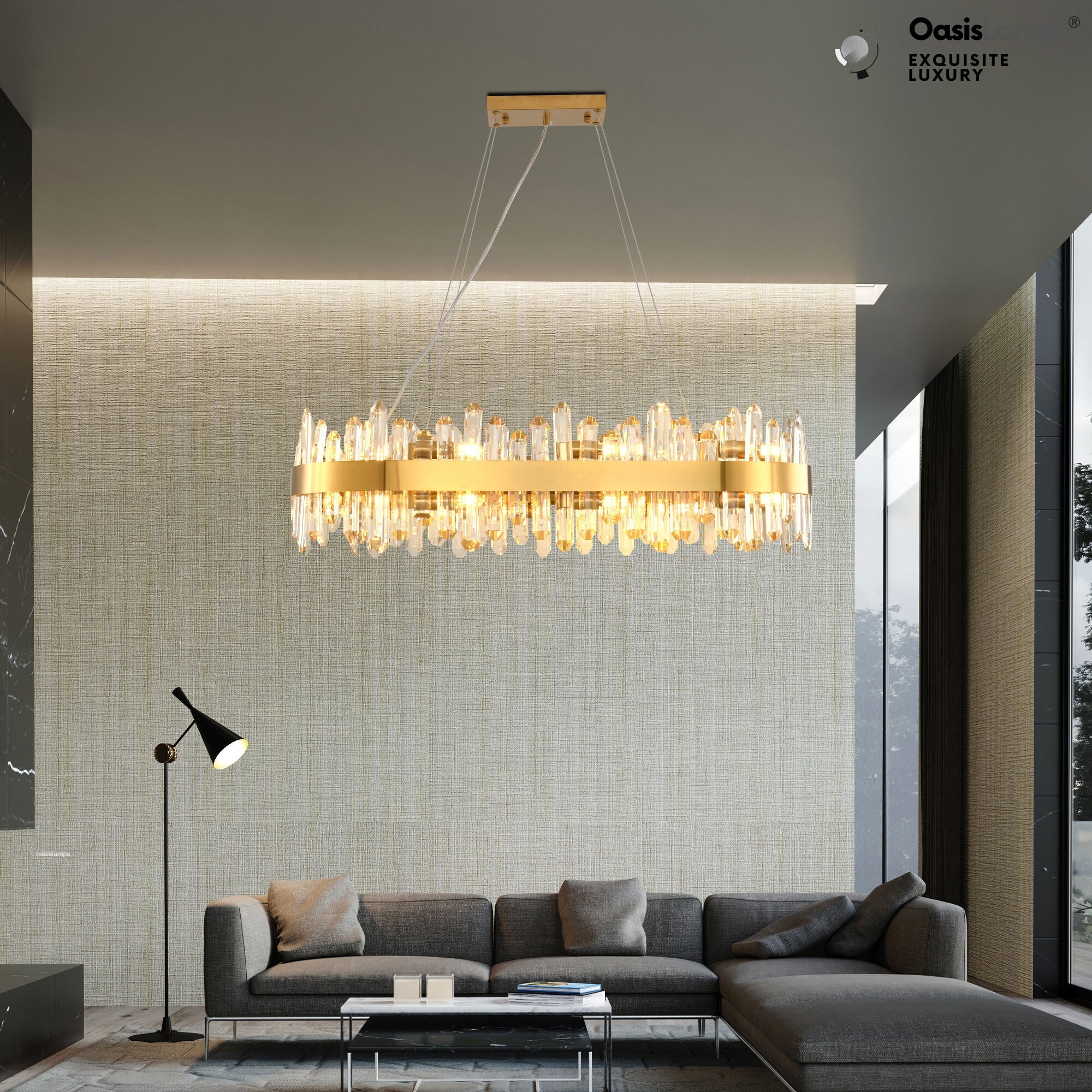 Stellara Crystal Strip Oval Halo Chandelier 36" 52"#color_brass,size_36''L