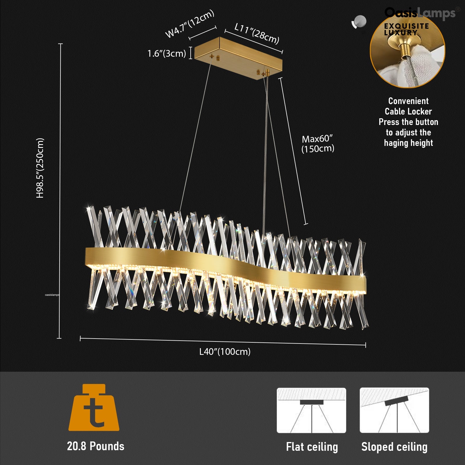 Vetro Prism Crystal Rectangular Chandelier 40" 47"L#Color_Brass,size_40"L
