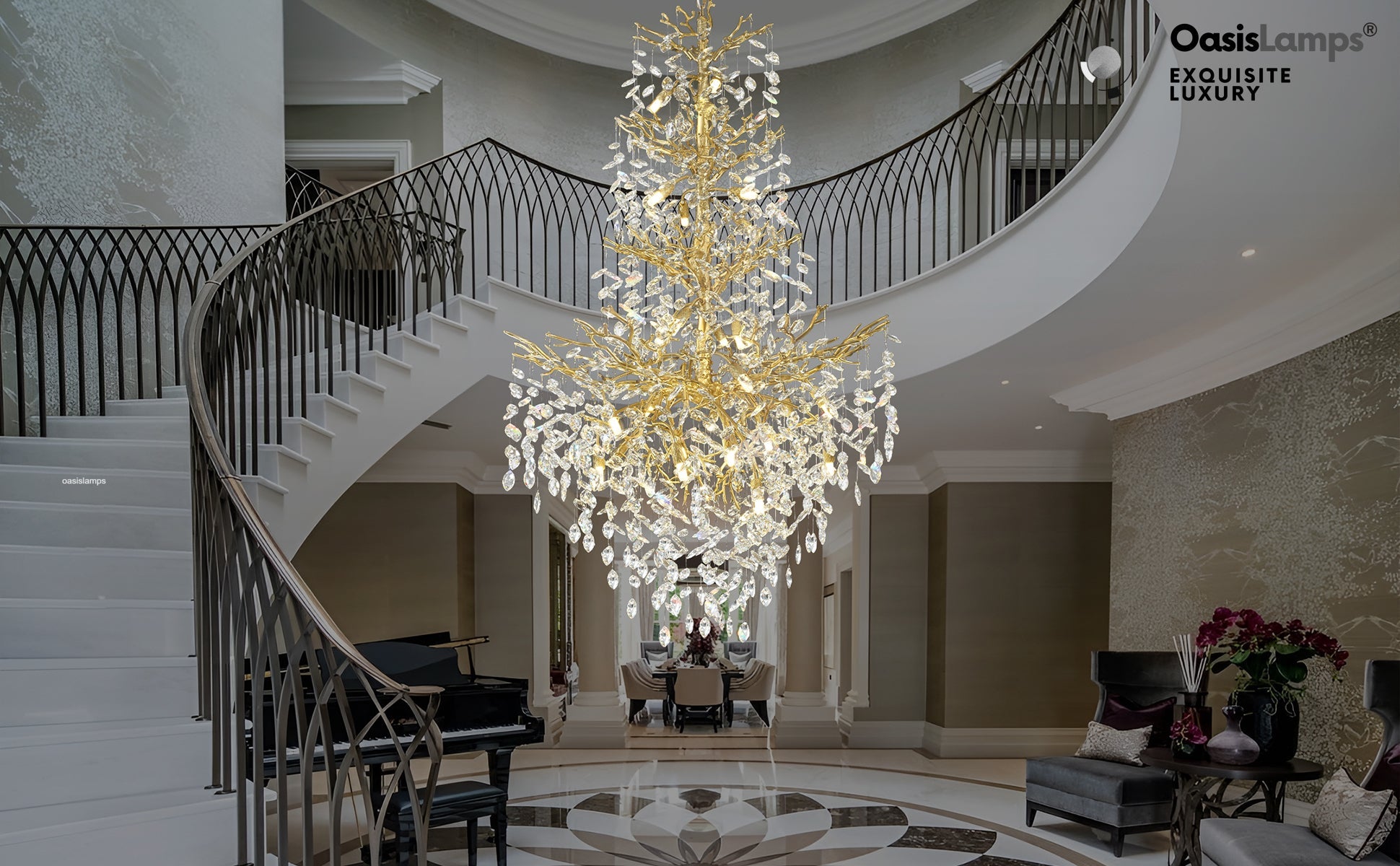 Frostleaf Cascade Grand Staircase Chandelier 61" 65"#Color_brass