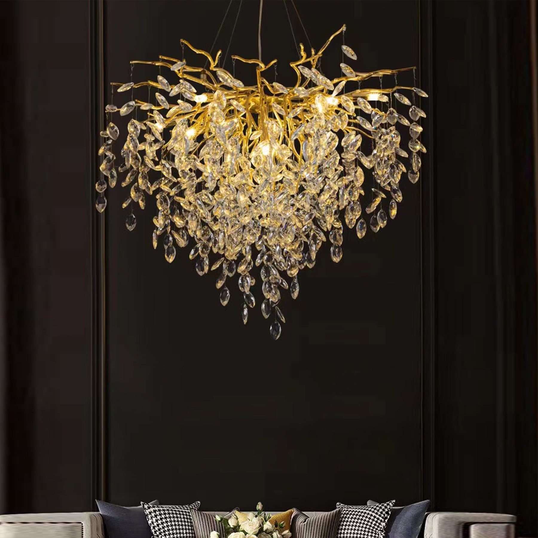 Flavia Round Gold Clear Crystal Branch Chandelier For Living Room