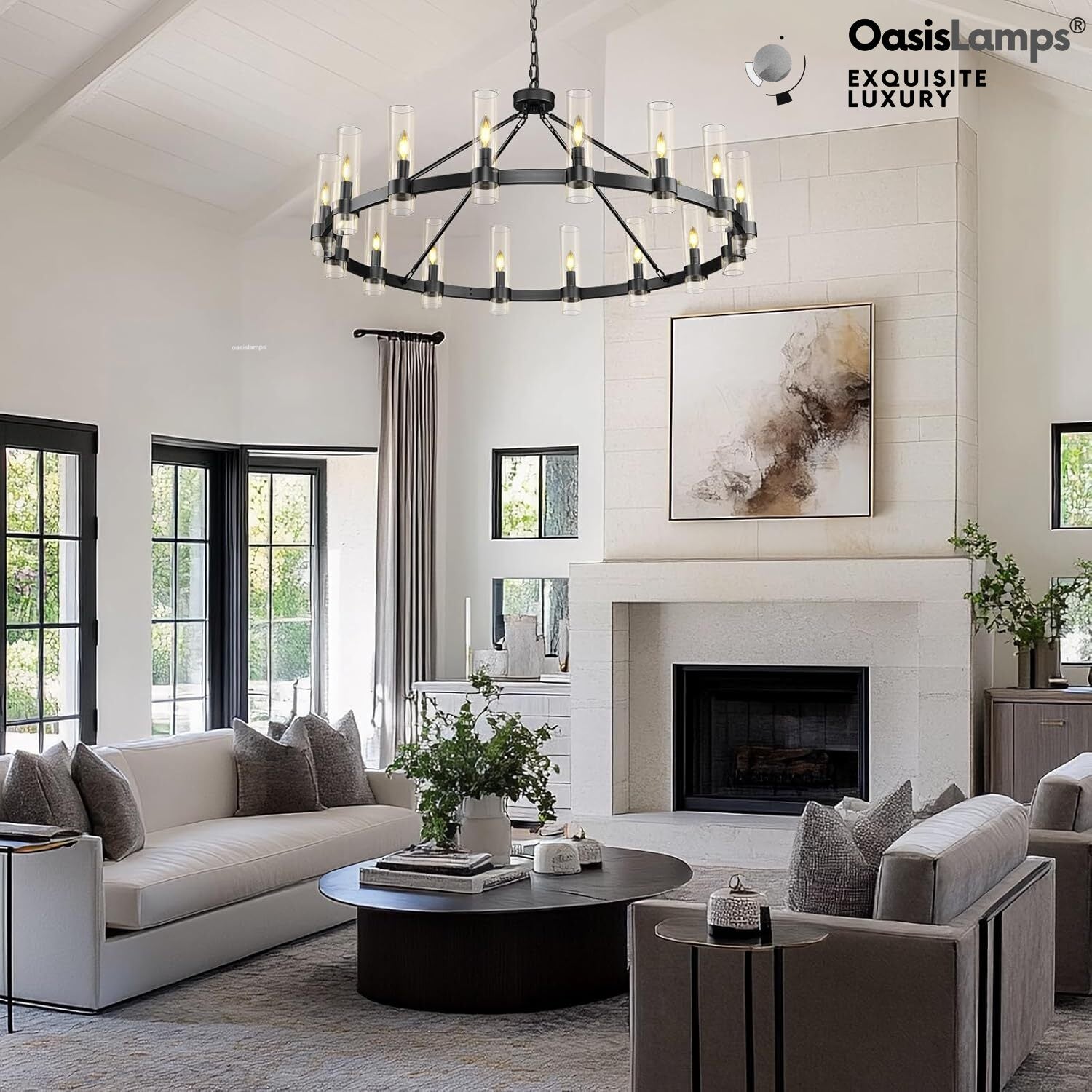 Cylora Glass Tube Round Chain Chandelier 48" 60" 70"D#Color_Black,Size_48"