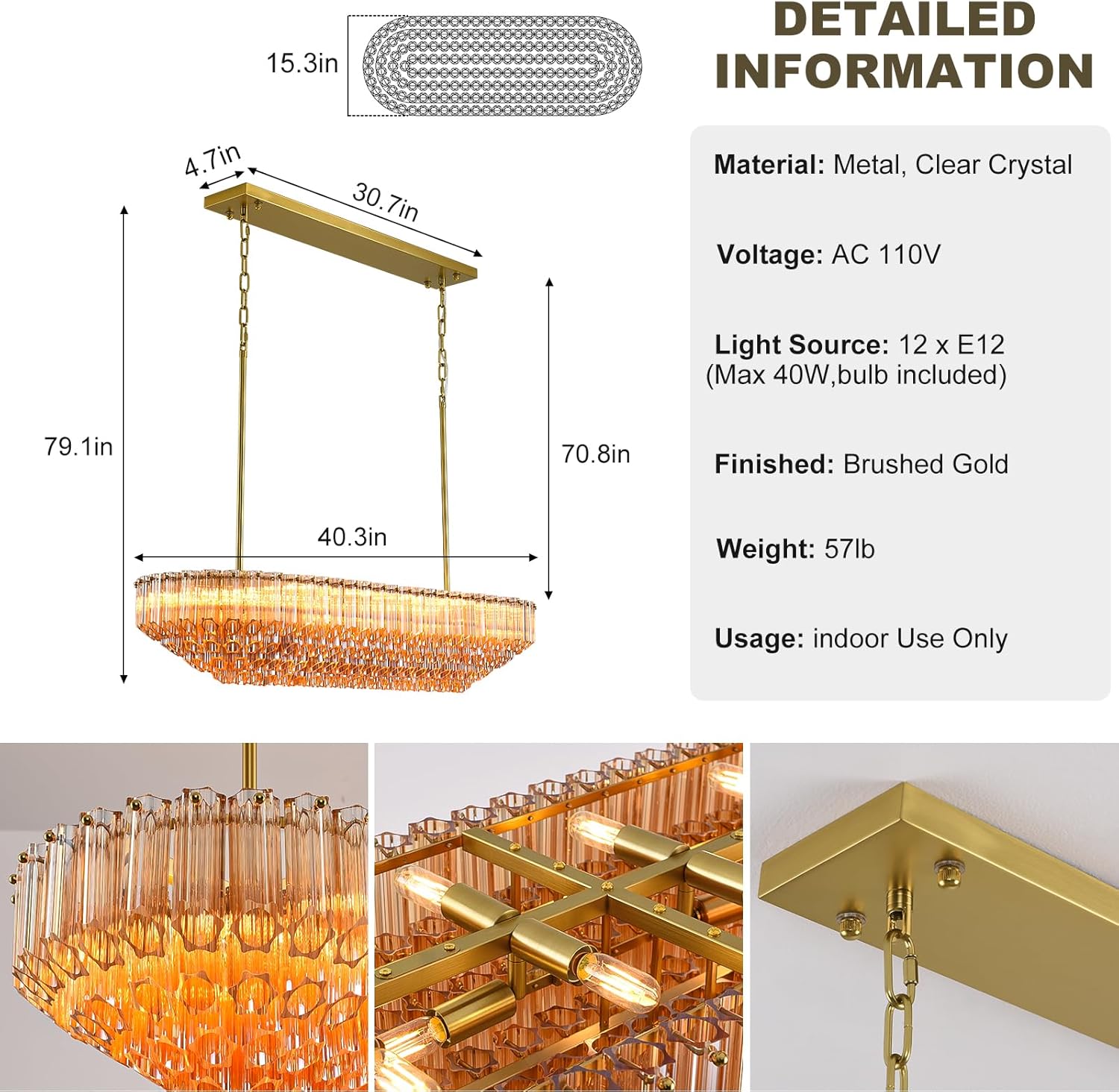 Ethereal Radiance Clear/Amber Rectangular Crystal Chandelier 43"L#glass color_amber,size_43in