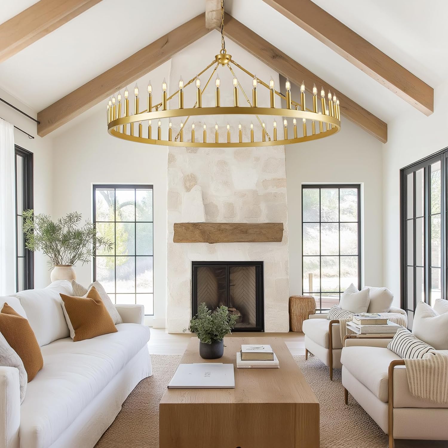 Wagon Wheel Candle Round Chandelier 64"#Color_Brass