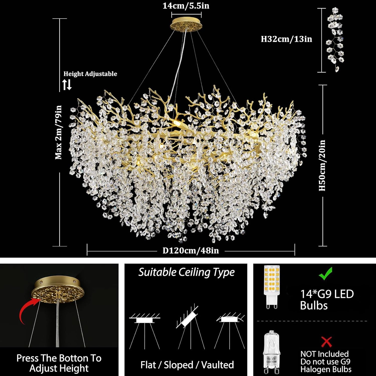 Lustre Branches Halo Chandelier 48"#Color_Gold