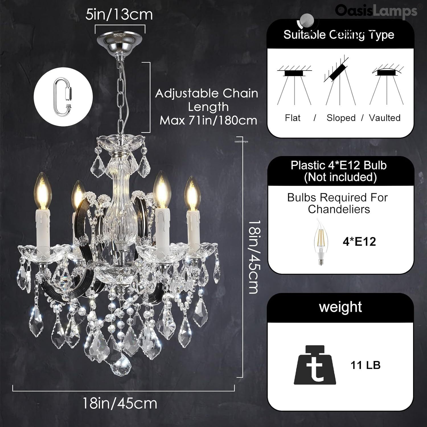 Crystal Candle Classical Chandelier 18" 40" 48"D#Size_18"