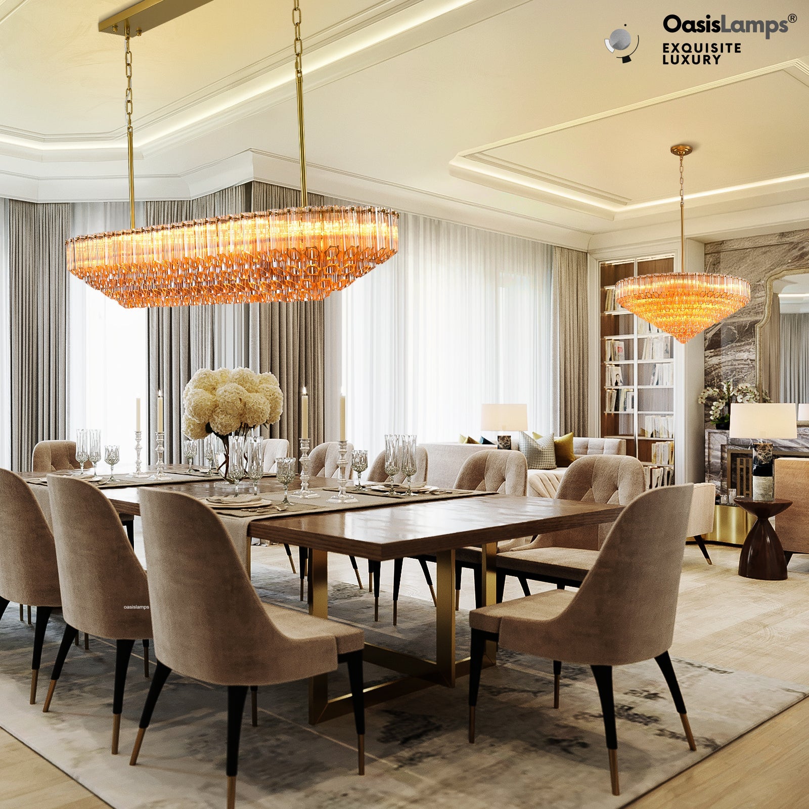 Ethereal Radiance Clear/Amber Rectangular Crystal Chandelier 43"L#glass color_amber