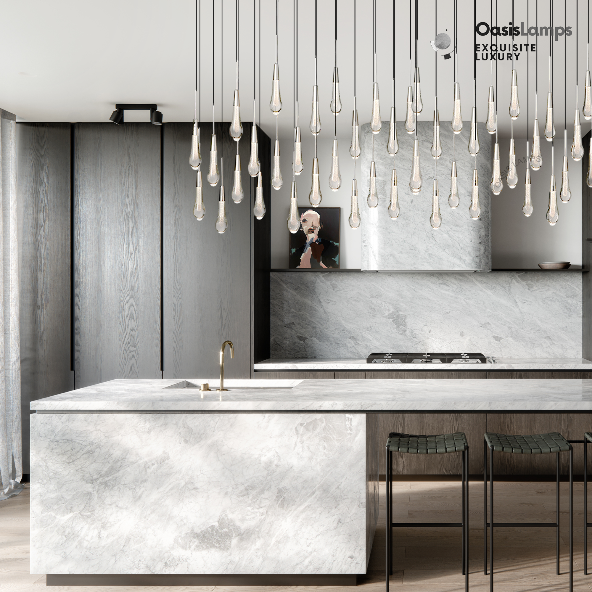 Elara Solitaires Linear Crystal Chandelier 37'' 50'' 70'' 87" 120"W#color_nickel,size_87"-52 lights