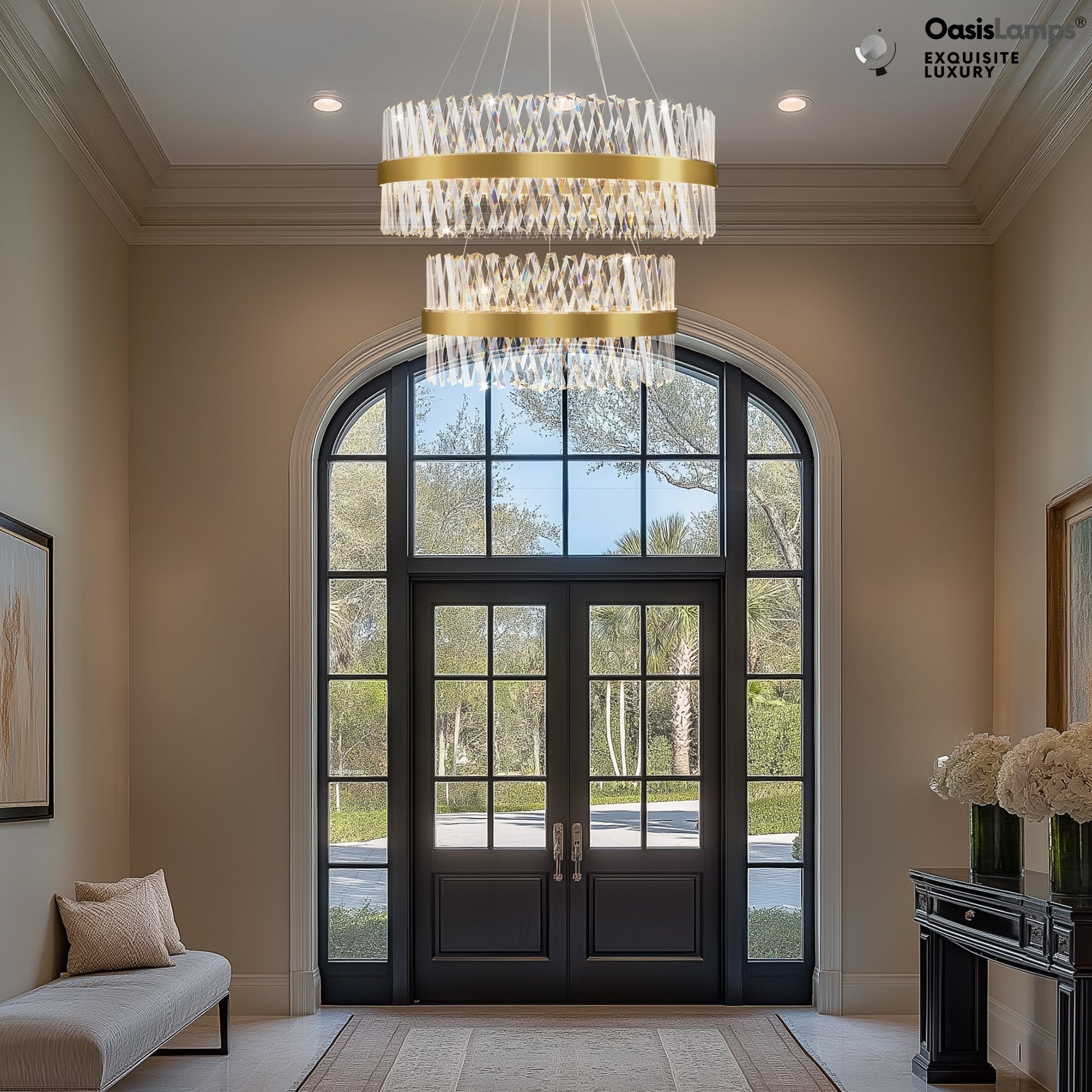 Vetro Prism Crystal 2-Tier Chandelier 31.5" 40" L#Color_Brass,size_D31.5"+D23.6"