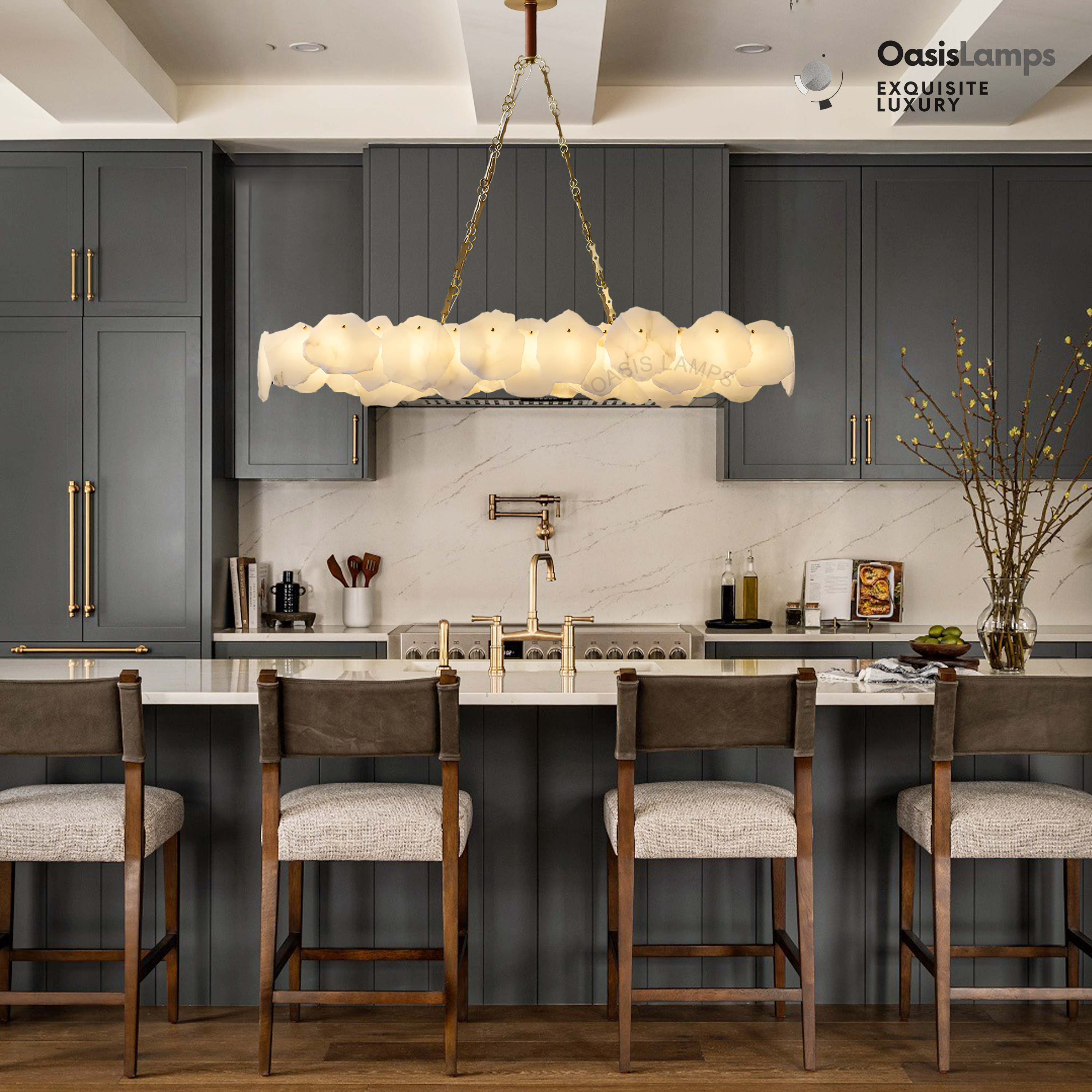 Moira Alabaster Marble Modern Snowflake Linear Chandelier with Chain