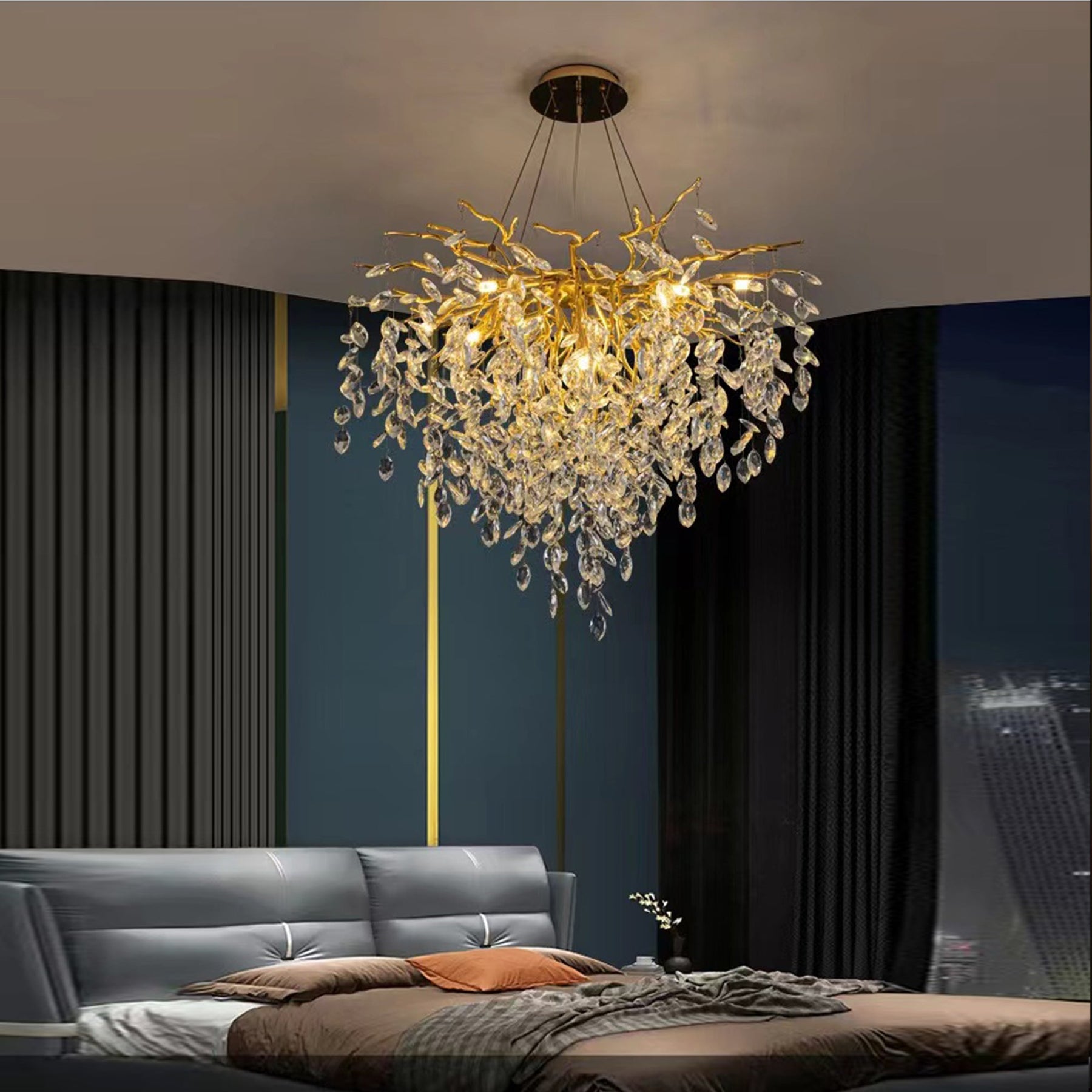 Flavia Round Gold Clear Crystal Branch Chandelier For Living Room