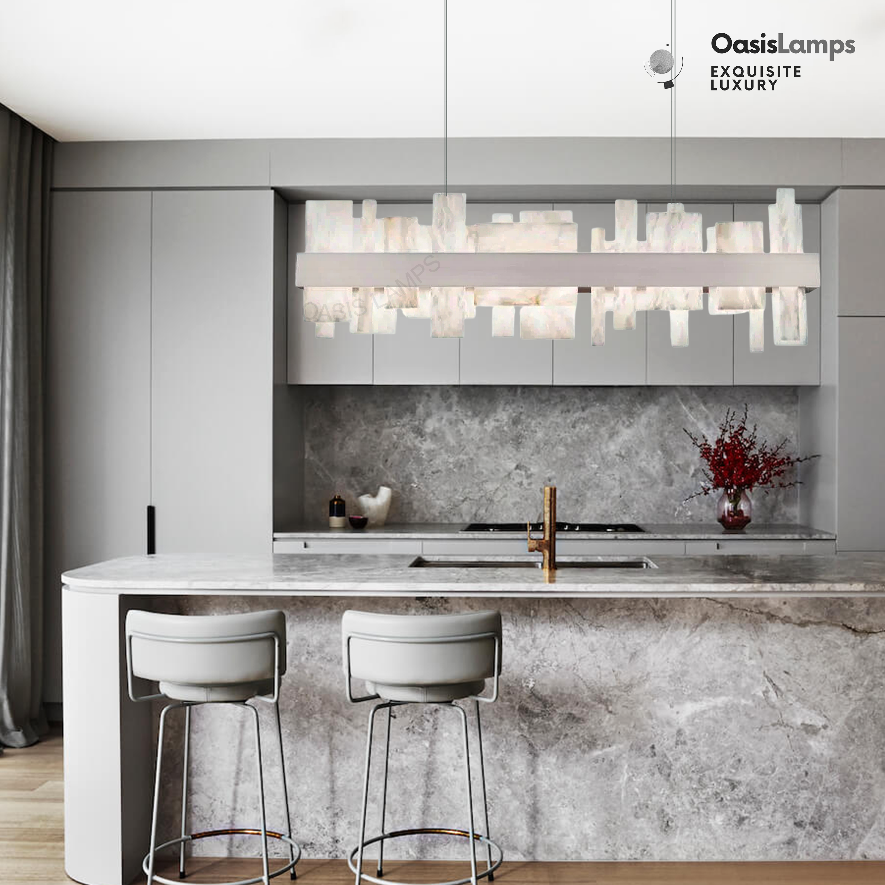 Swang Acropolis 46in LED Linear Alabaster Chandelier#Finish_Nickel