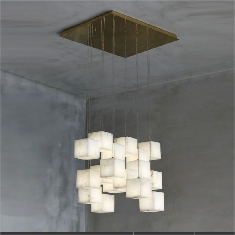 Dave Alabaster Cube Foyer Staircase Long Chandelier
