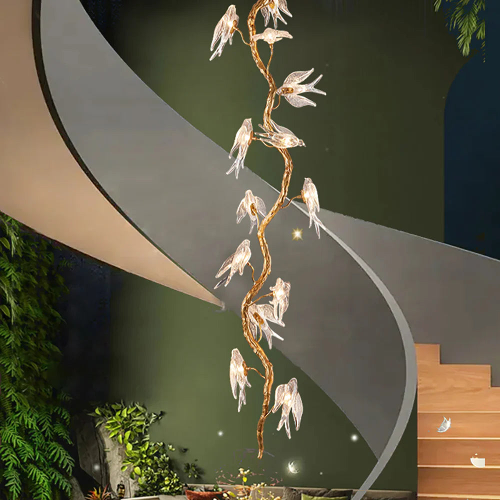 Birdy Glass Tree Branch Long Staircase Chandelier