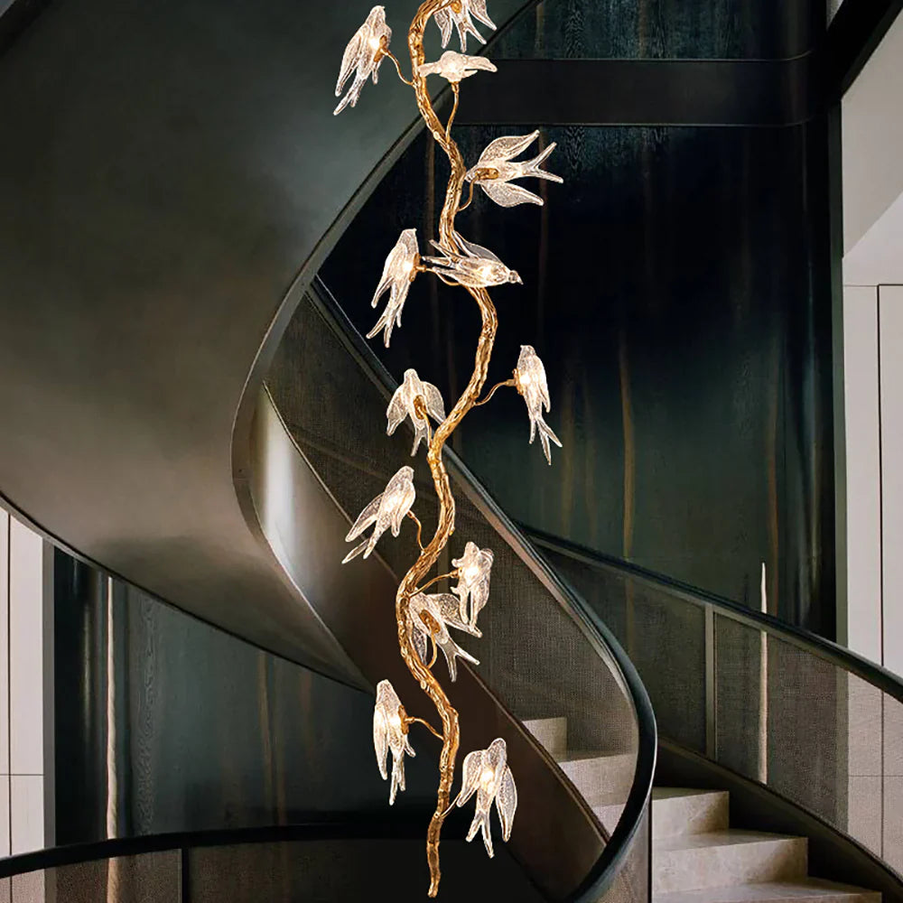 Birdy Glass Tree Branch Long Staircase Chandelier