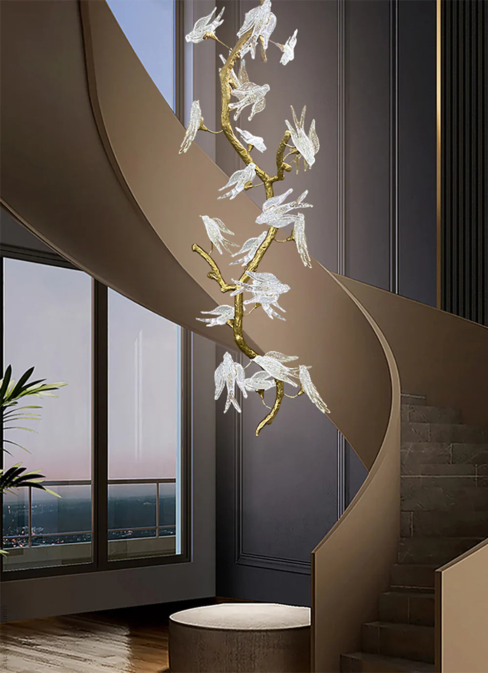 Birdy Glass Tree Branch Long Staircase Chandelier