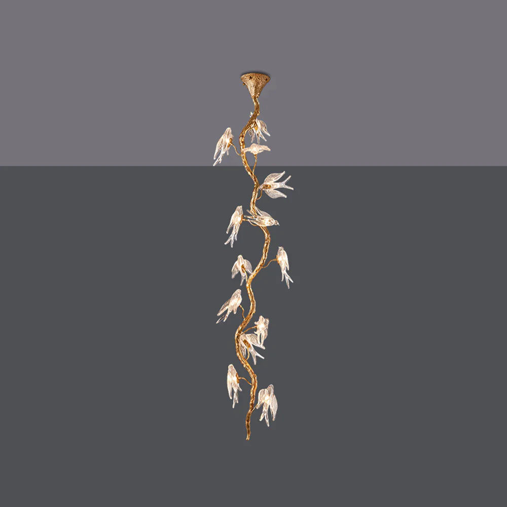Birdy Glass Tree Branch Long Staircase Chandelier