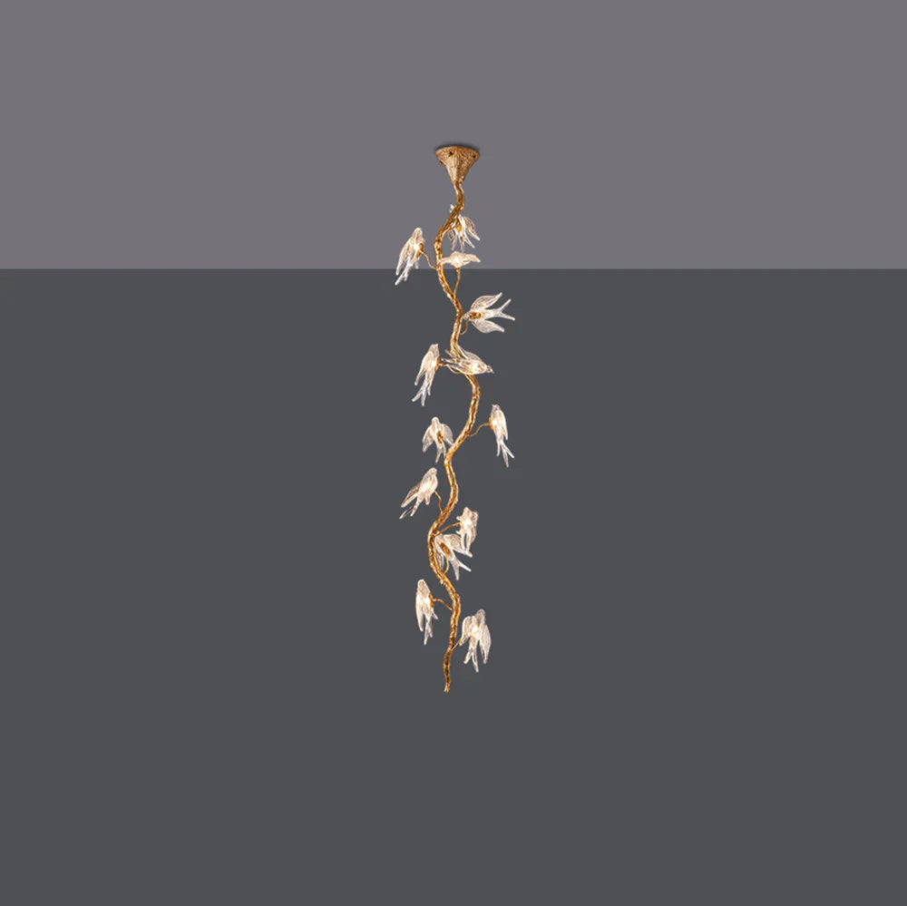 Birdy Glass Tree Branch Long Staircase Chandelier