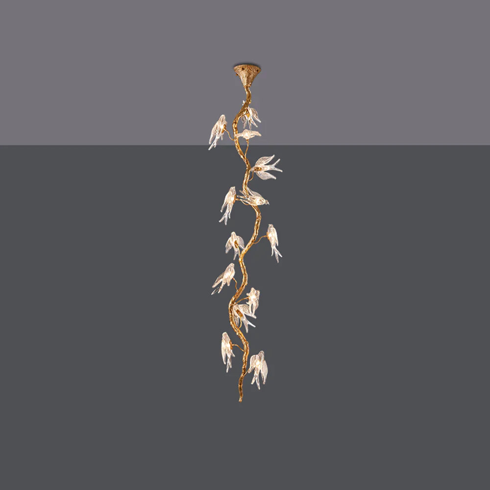 Birdy Glass Tree Branch Long Staircase Chandelier
