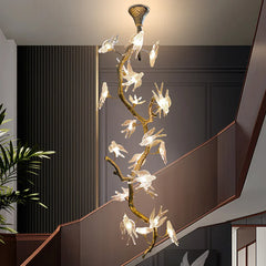 Birdy Glass Tree Branch Long Staircase Chandelier