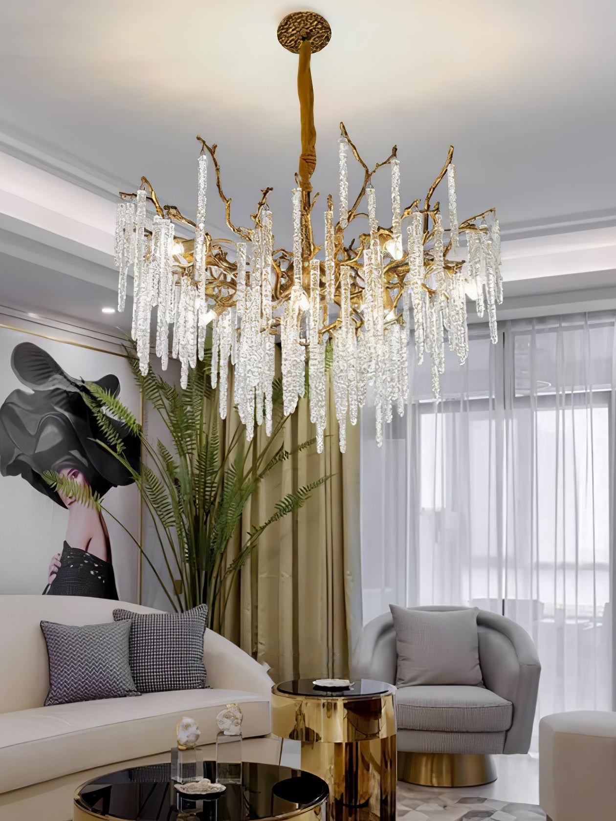 Annata Crystal Icicles Branch Brass Chandelier