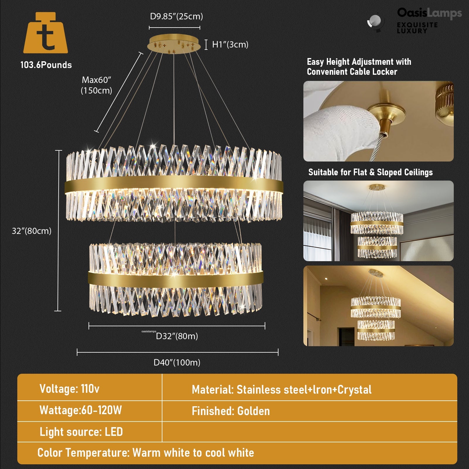 Vetro Prism Crystal 2-Tier Chandelier 31.5" 40" L#Color_Brass,size_D40"+D31.5"