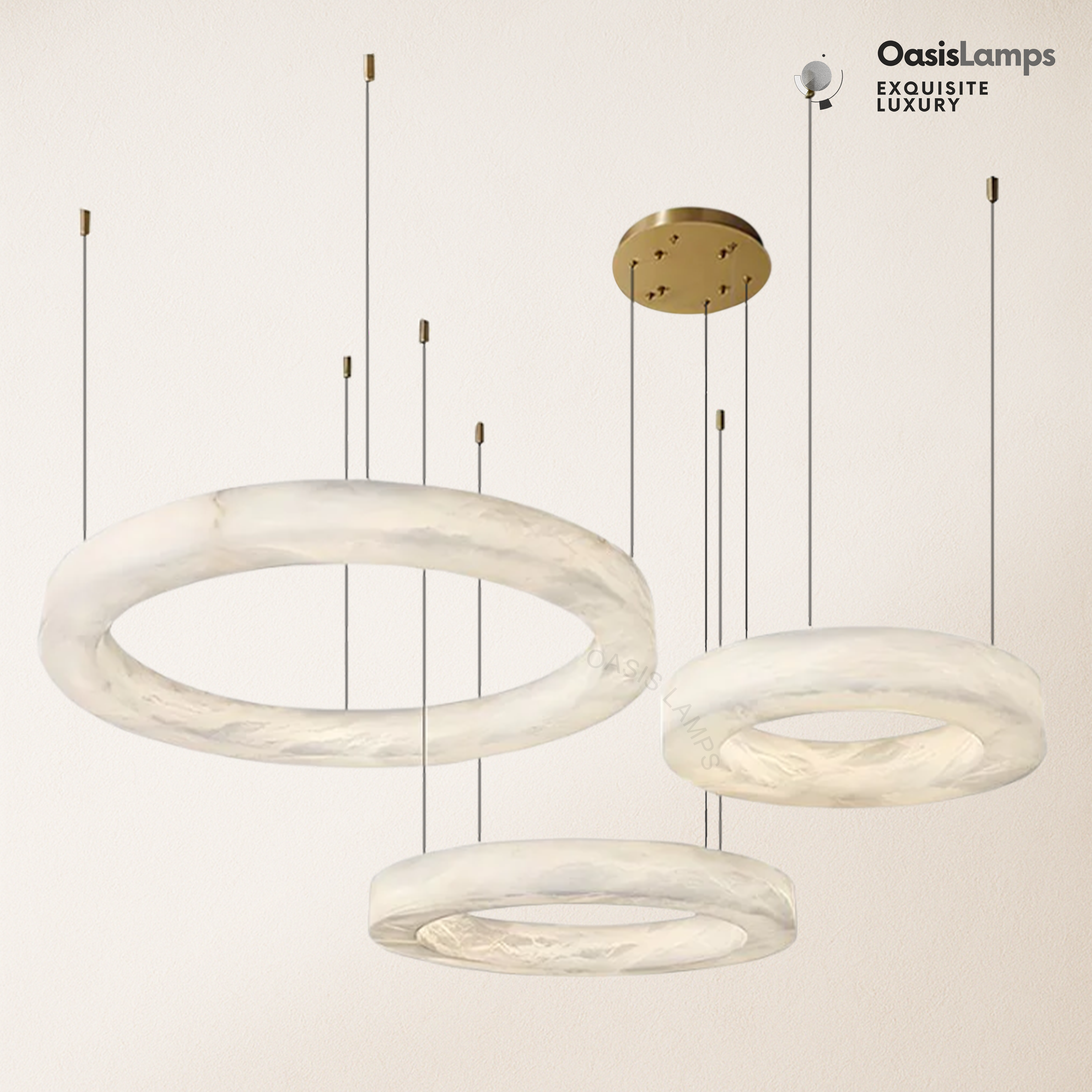 Marika Alabaster Ring Pendant Lamp#Color_Brass & White Alabaster, size_Dia 23.6” + 31.5” + 39.3”(60cm+80cm+100cm) x H 3.1”(8cm)