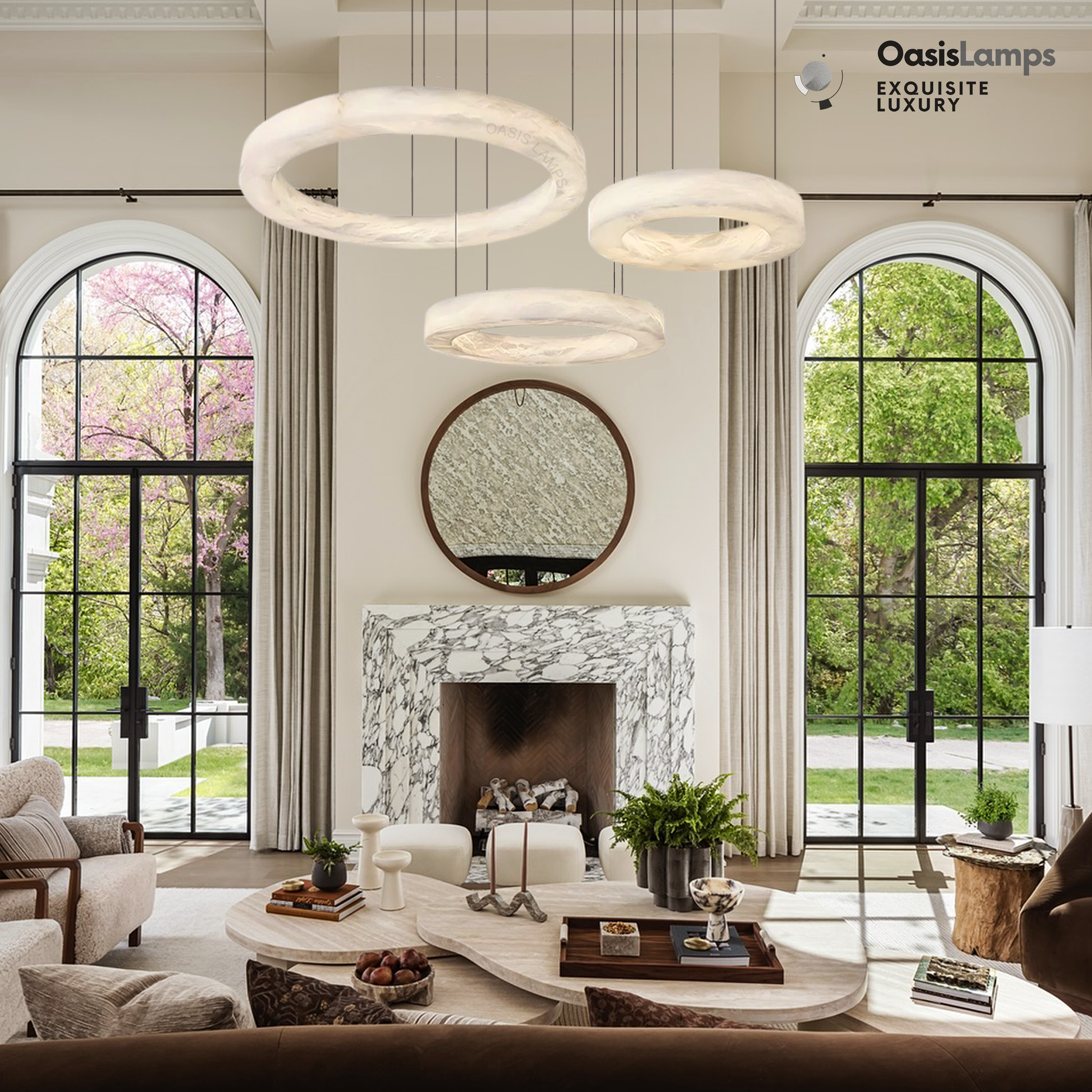 Marika Alabaster Ring Pendant Lamp#Color_Brass & White Alabaster, size_Dia 23.6” + 31.5” + 39.3”(60cm+80cm+100cm) x H 3.1”(8cm)