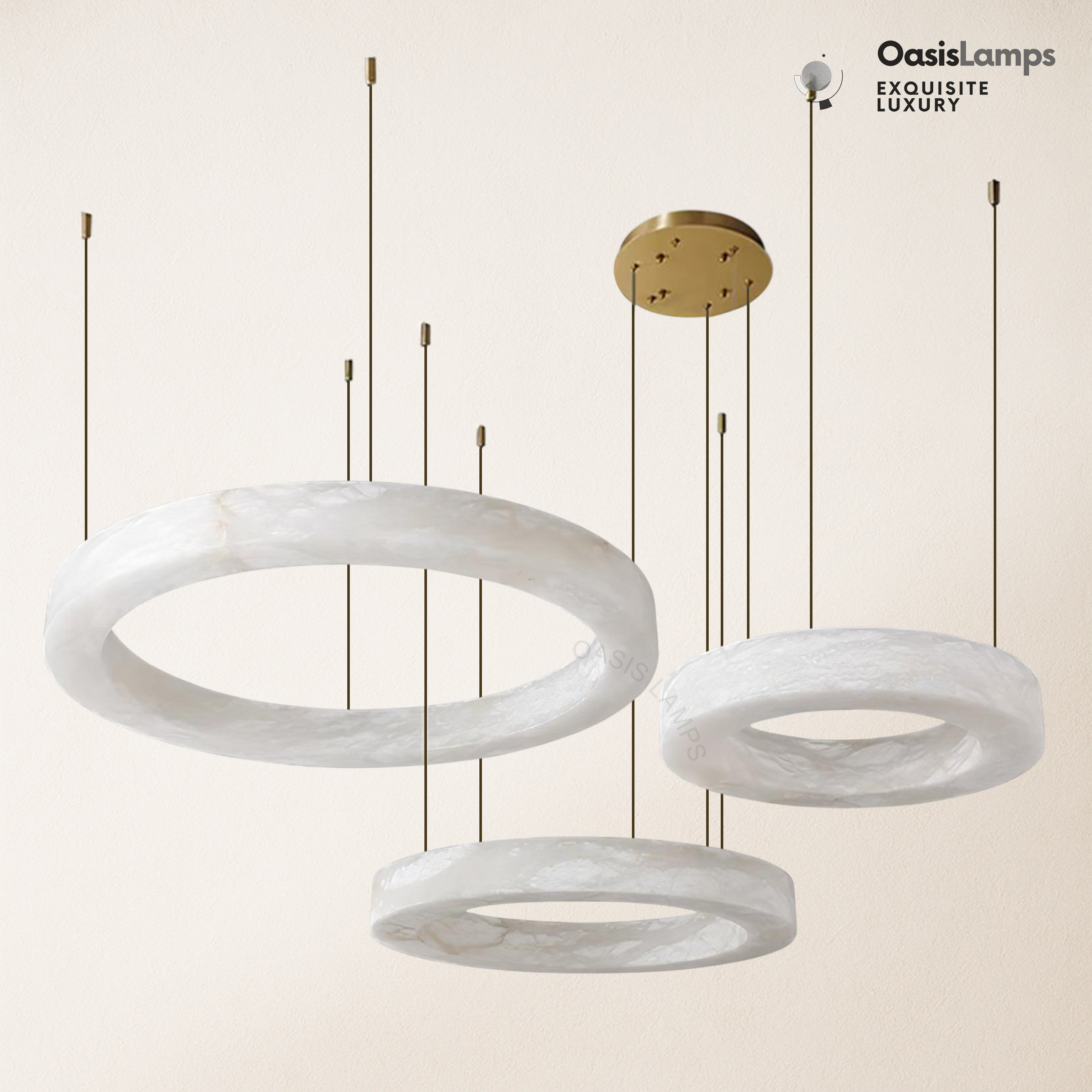 Marika Alabaster Ring Pendant Lamp#Color_Brass & White Alabaster, size_Dia 23.6” + 31.5” + 39.3”(60cm+80cm+100cm) x H 3.1”(8cm)