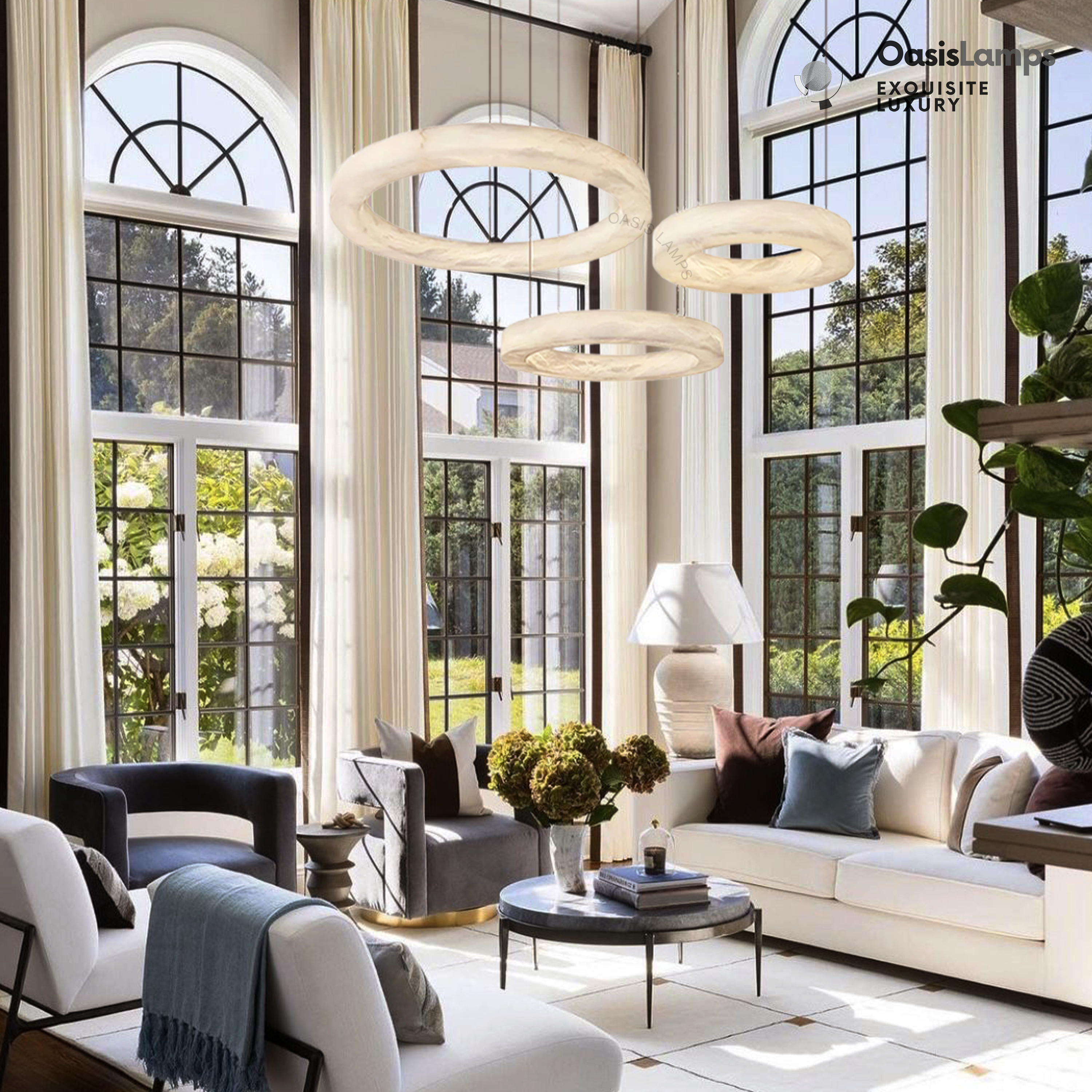 Marika Alabaster Ring Pendant Lamp#Color_Brass & White Alabaster, size_Dia 23.6” + 31.5” + 39.3”(60cm+80cm+100cm) x H 3.1”(8cm)