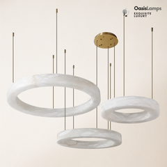 Marika Alabaster Ring Pendant Lamp#Color_Brass & White Alabaster, size_Dia 23.6” + 31.5” + 39.3”(60cm+80cm+100cm) x H 3.1”(8cm)