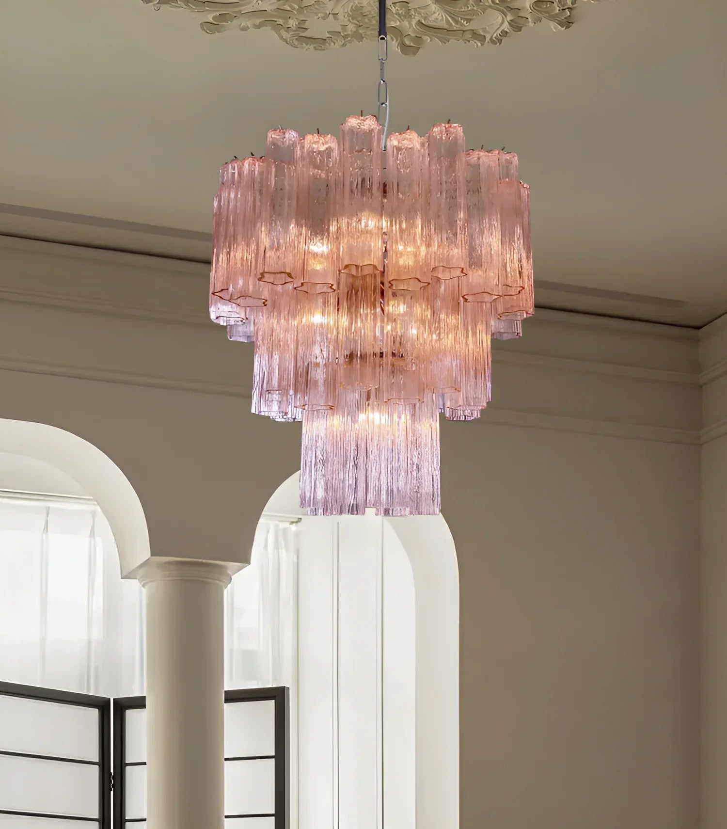 Elegant Pink Murano Glass Tube Chandelier 25.6"