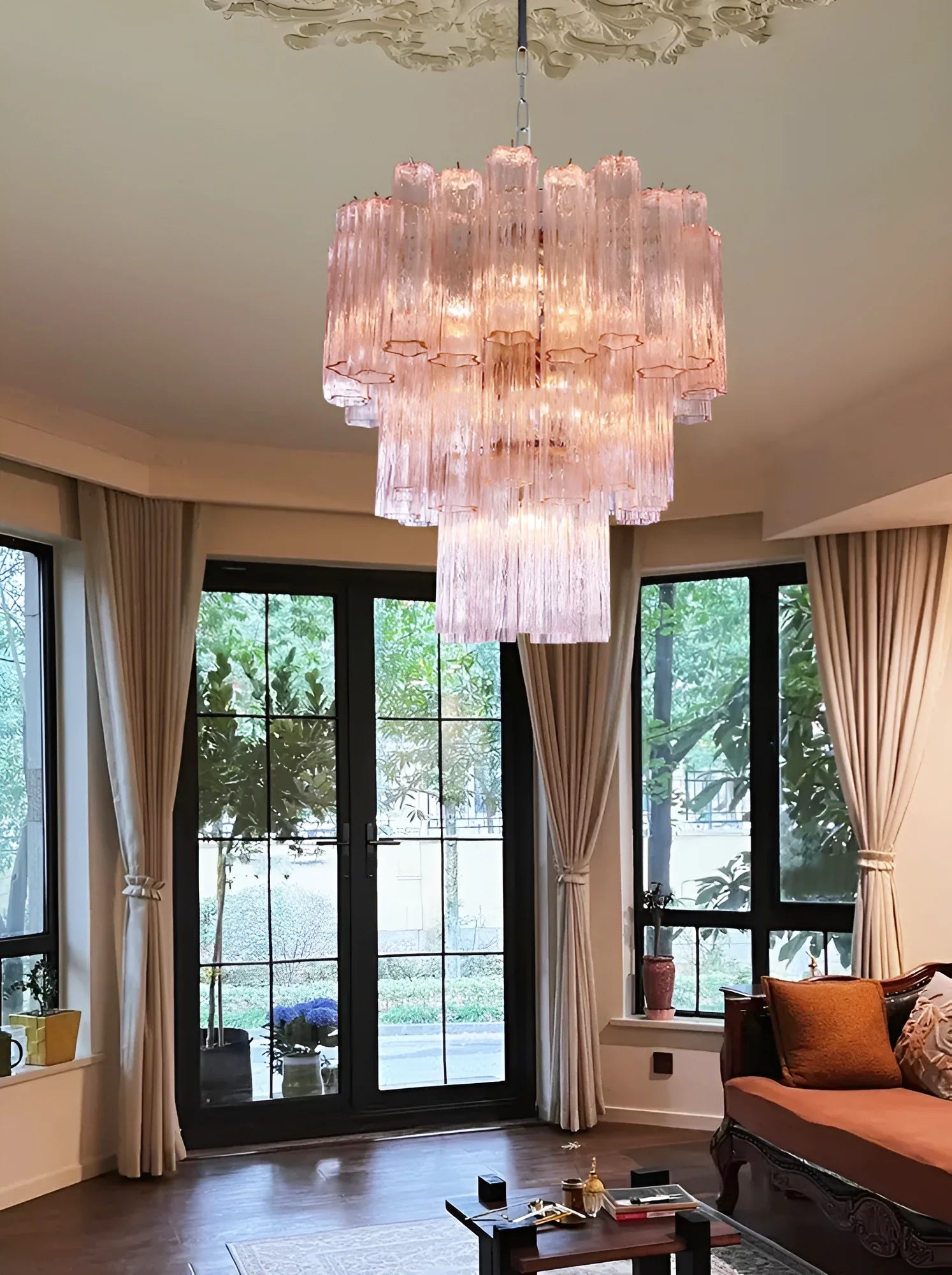 Elegant Pink Murano Glass Tube Chandelier 25.6"