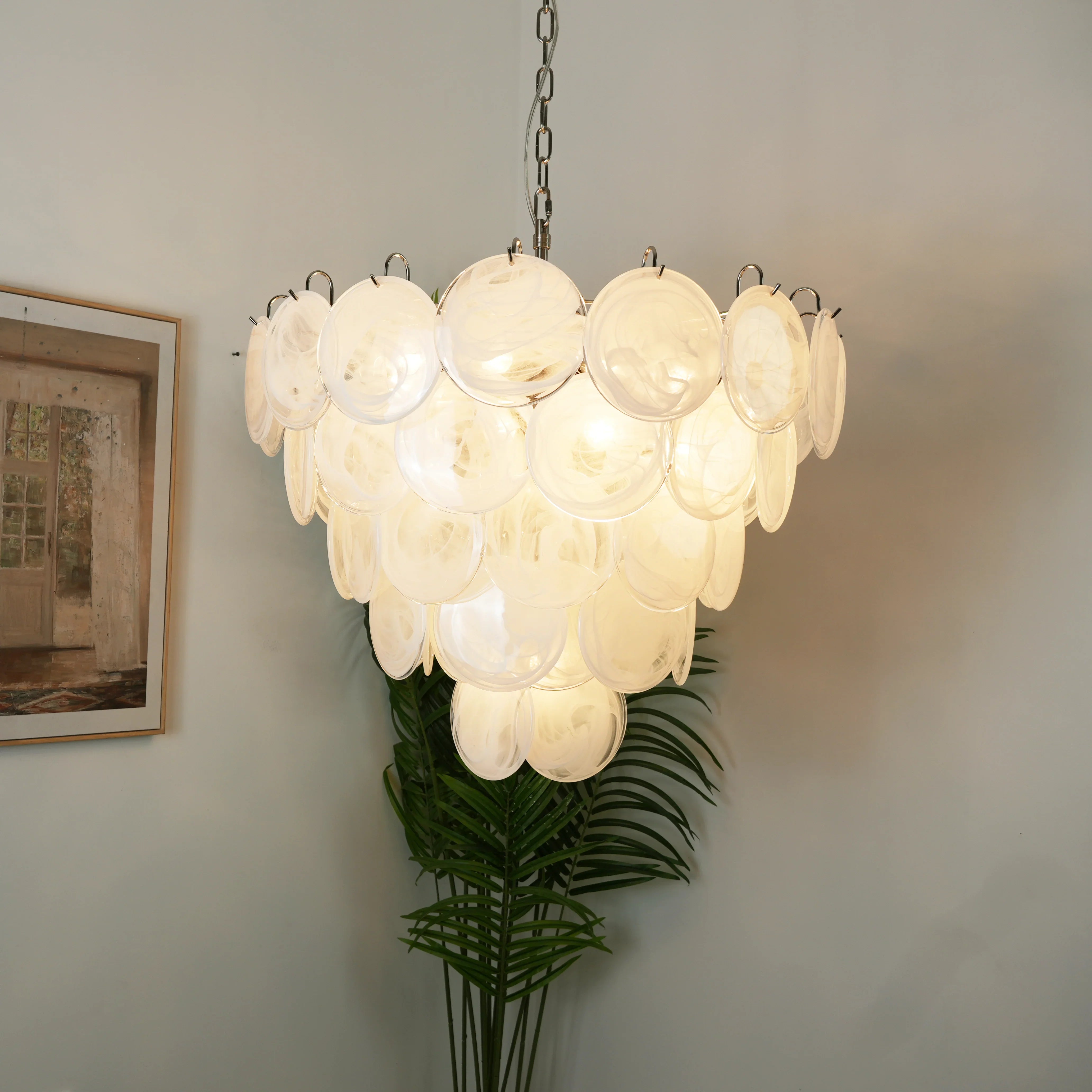 Elegant White Murano Disc Chandelier 27.6"