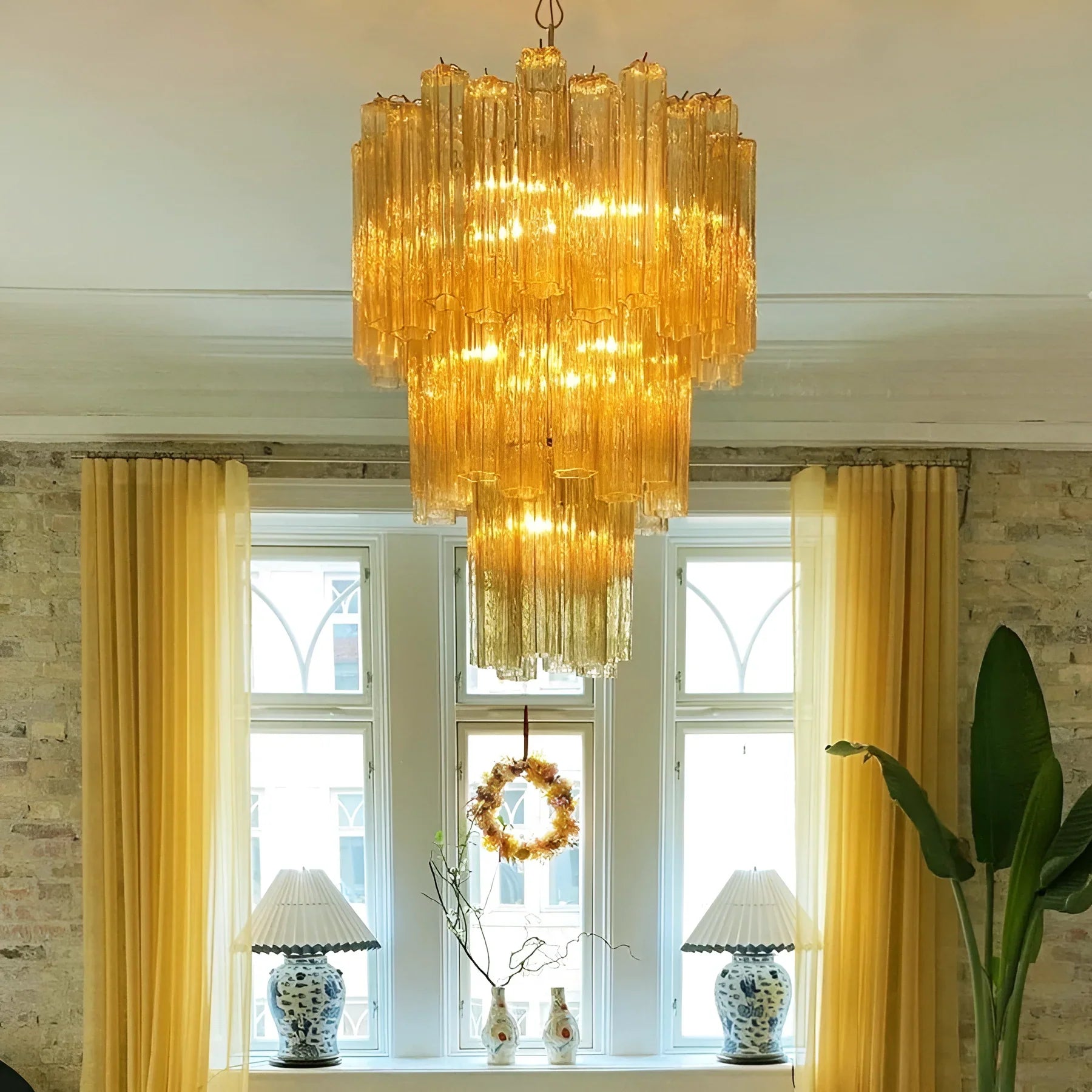 Elegant Yellow Murano Glass Tube Chandelier 25.6"
