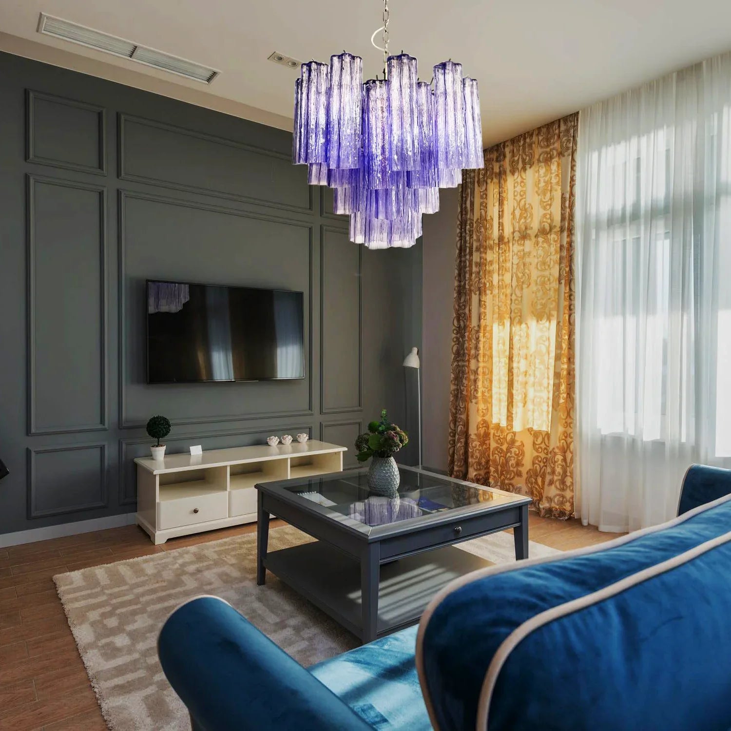 Fantastic Murano Amethyst Glass Tube Chandelier 22.8"