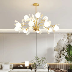 Twilight Branches Ceramic Gingko Chandelier#Dia 38.5”(98cm) x H 22.8”(58cm),colour_brass+white