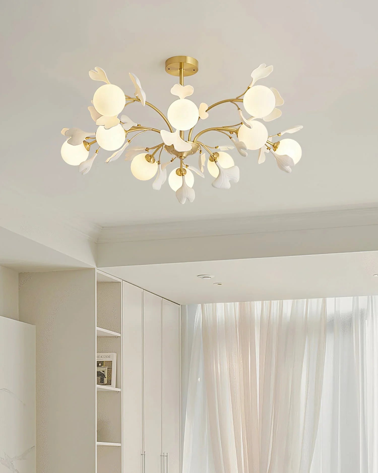 Twilight Branches Ceramic Gingko Chandelier#size_Dia 38.5”(98cm) x H 15”(38cm),colour_brass+white