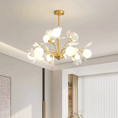 Twilight Branches Ceramic Gingko Chandelier#size_Dia 31.4”(80cm) x H 22.8”(58cm),colour_brass+white