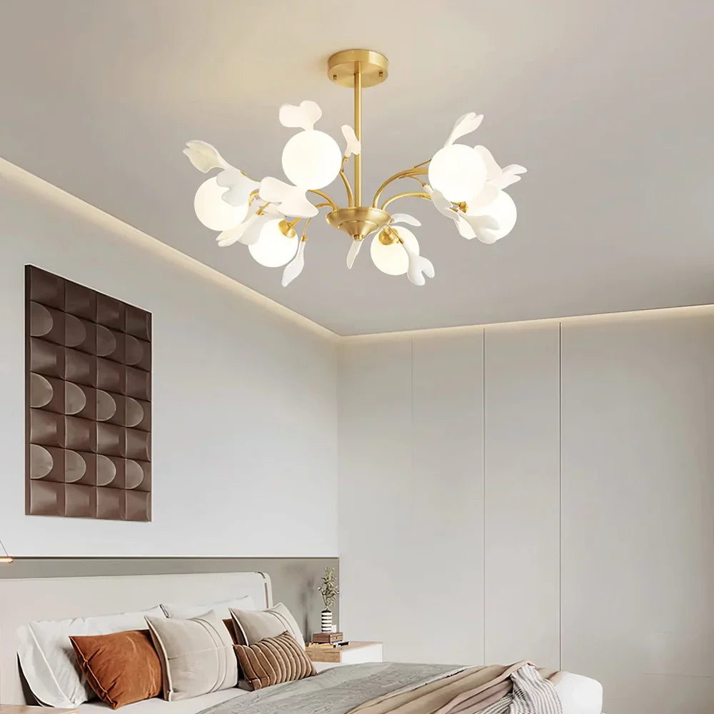 Twilight Branches Ceramic Gingko Chandelier#size_Dia 23.6”(60cm) x H 15”(38cm),colour_brass+white