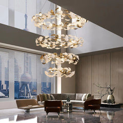 Twilight Branches Ceramic Ginkgo Rings Linear Chandelier#leaves color_White + gold accents