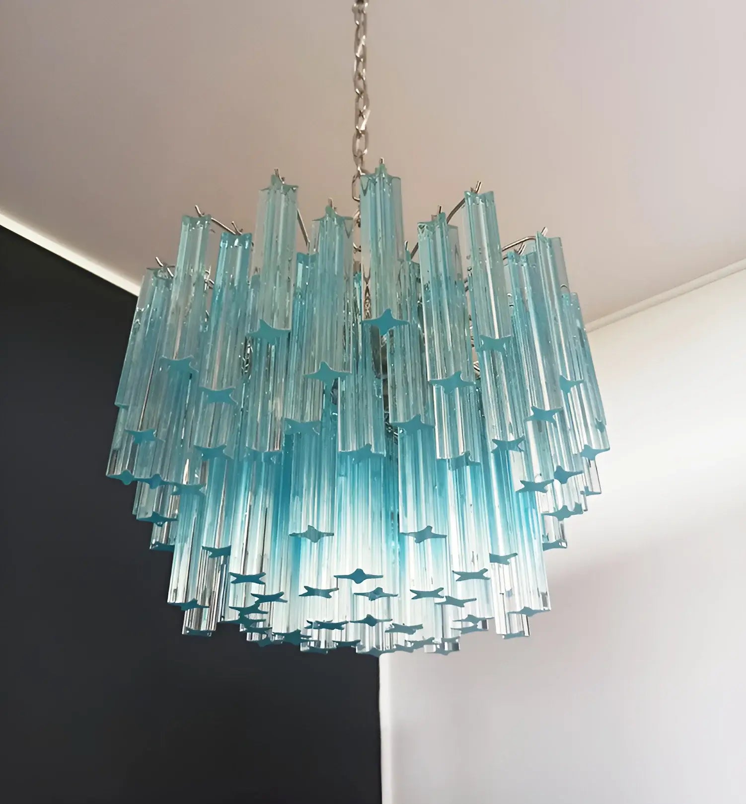 Gorgeous Murano Quadriedri Prisms Blue Chandelier 17.7"