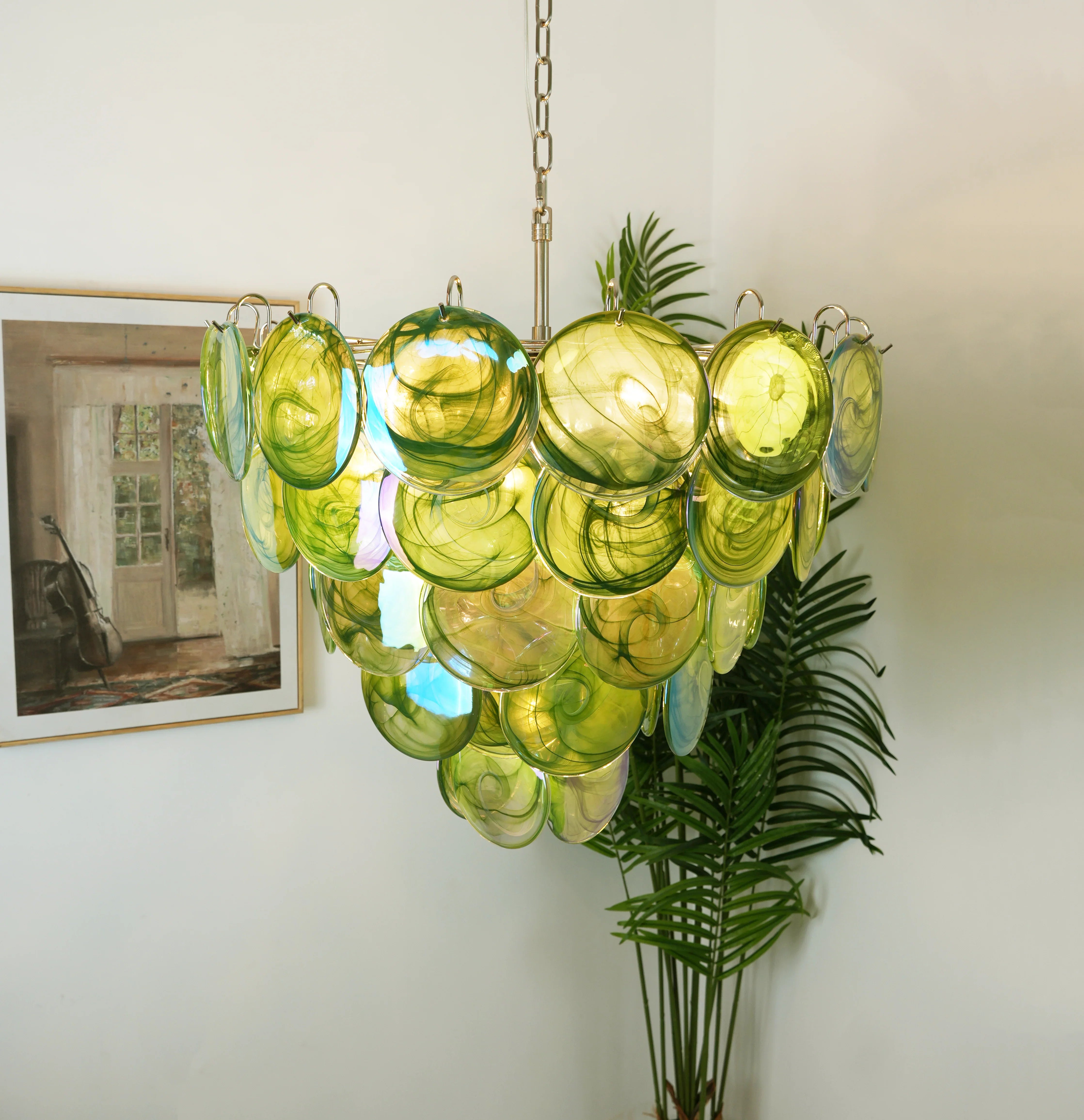 Elegant Green Murano Iridescent Disc Chandelier 27.6"